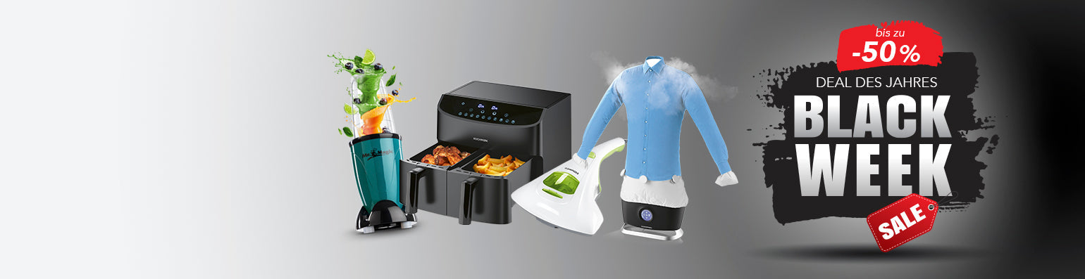 Fallendes Konfetti, in der Mitte zwei Sprechblasen mit Rabattzeichen, rechts glückliche Frau und Mann mit Handy in der Hand.