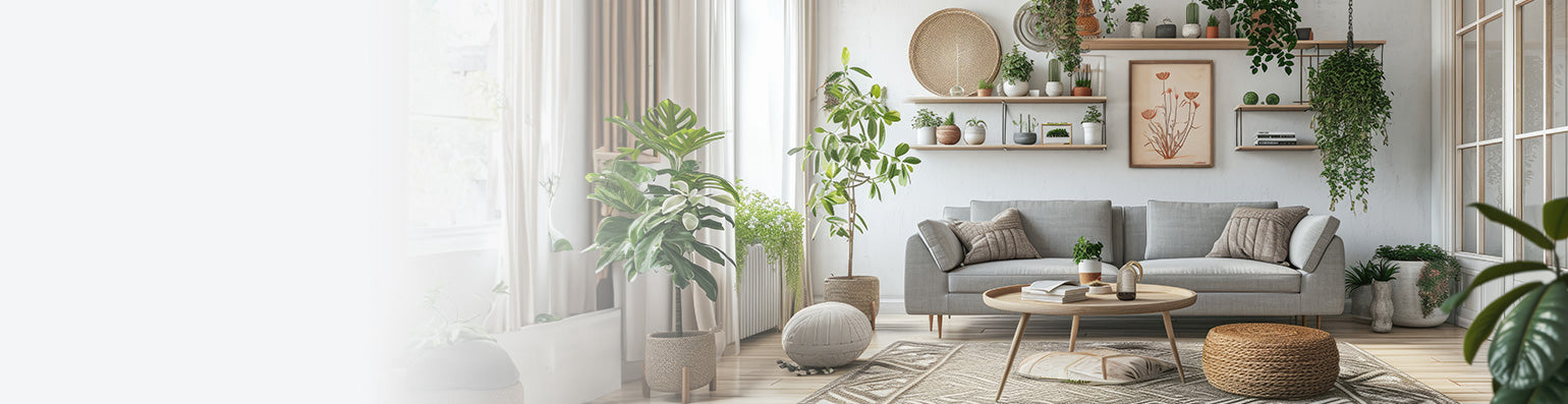 Modernes Wohnzimmer mit vielen Pflanzen, Regalen und Bildern. Im Zentrum ein grau-weißes Sofa mit Sitzkissen.