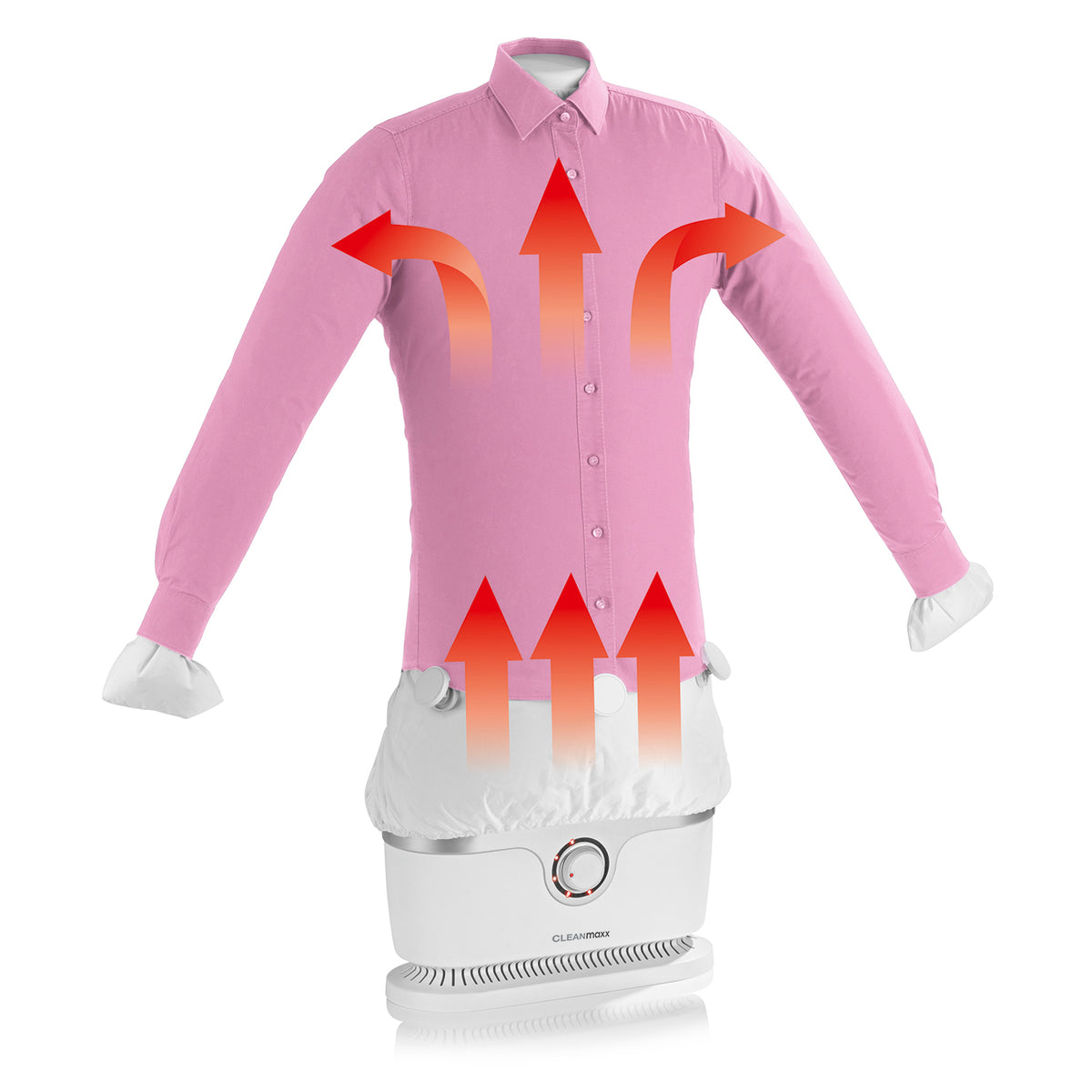 Bügler für Hemden & Blusen + Bügler-Aufsatz für Hosen mit rosa Hemd und aufsteigendem Dampf