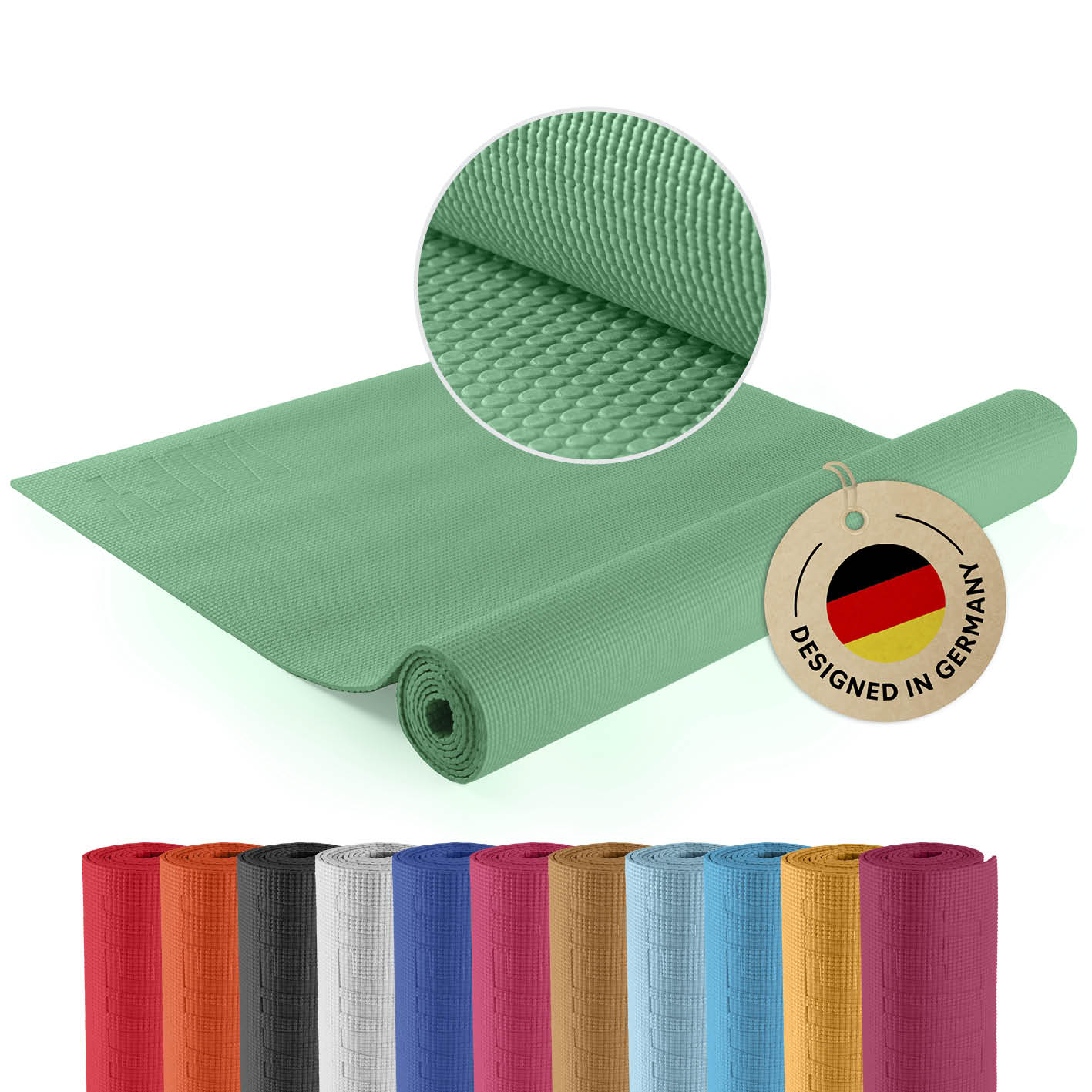 Yogamatte Kirana - 183 x 61 x 0,4 cm - Mint, rutschfest, weich, flexibel aus ECO-PVC, ideal für Pilates und Fitness.