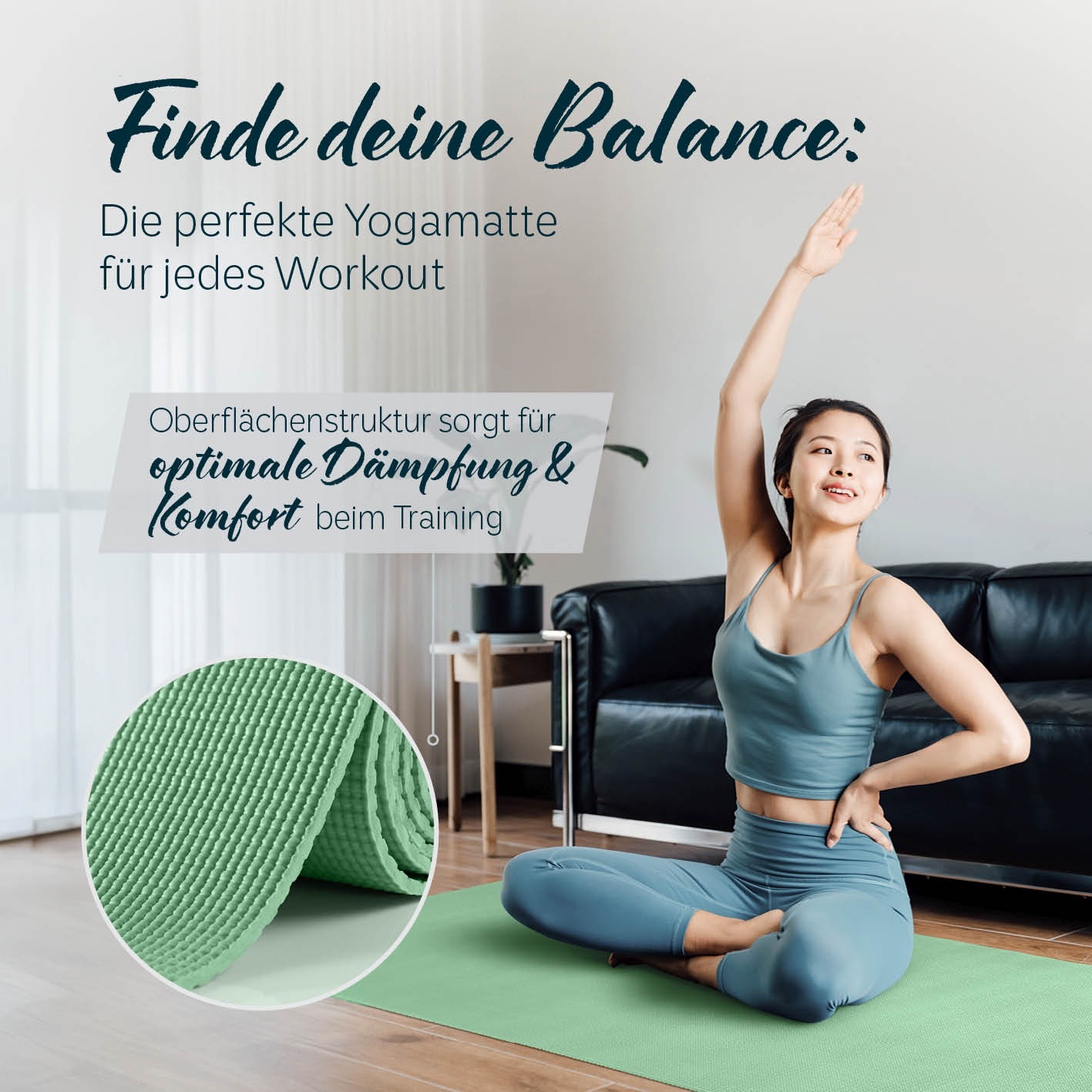 Yogamatte Kirana - 183 x 61 x 0,4 cm Mint mit weicher Oberfläche für optimale Dämpfung und Komfort beim Training.