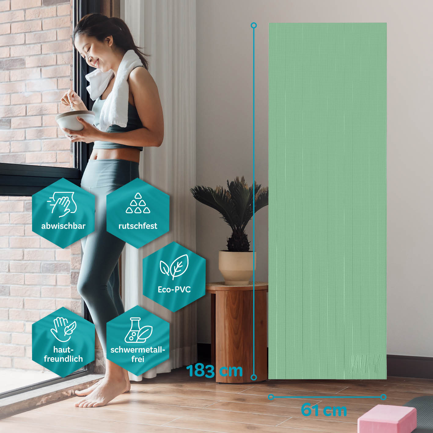 Yogamatte Kirana - 183 x 61 x 0,4 cm - Mint, rutschfest, hautfreundlich, abwischbar, aus flexiblem Eco-PVC für Pilates und Fitness.
