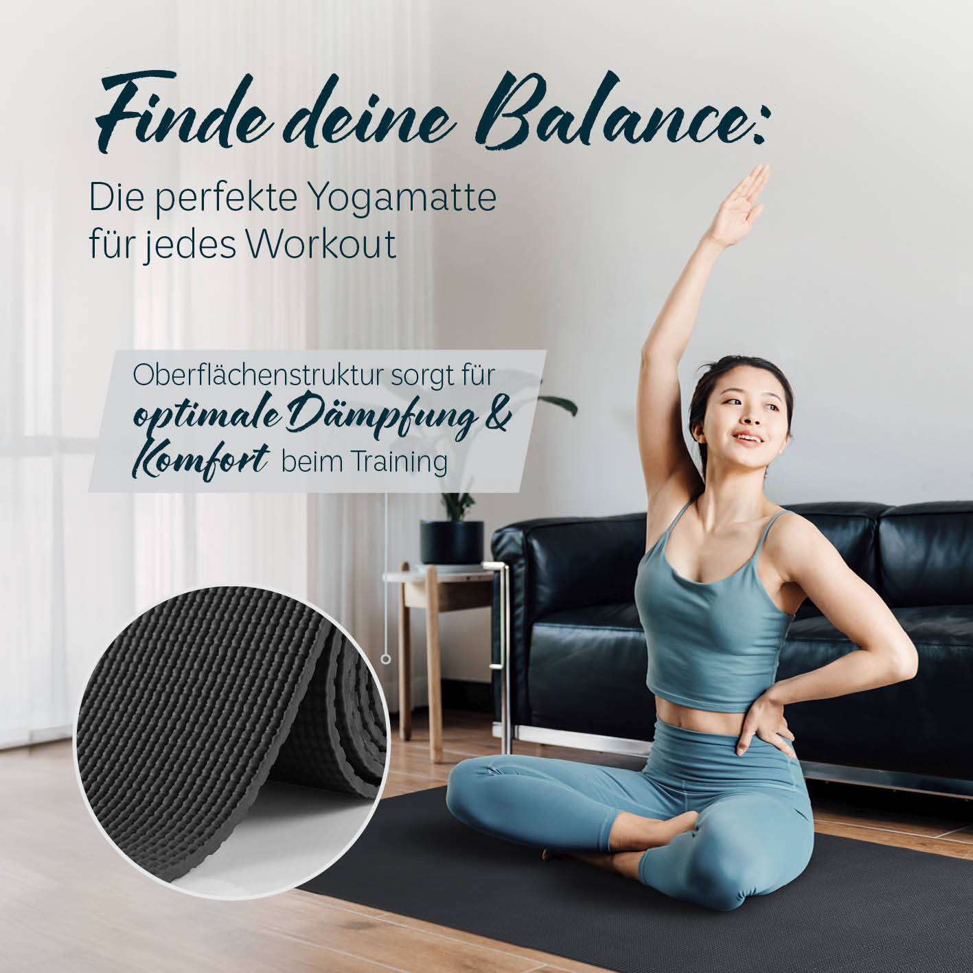 Yogamatte Kirana - 183 x 61 x 0,4 cm - Schwarz mit weicher Oberfläche für optimalen Komfort und Dämpfung beim Training.