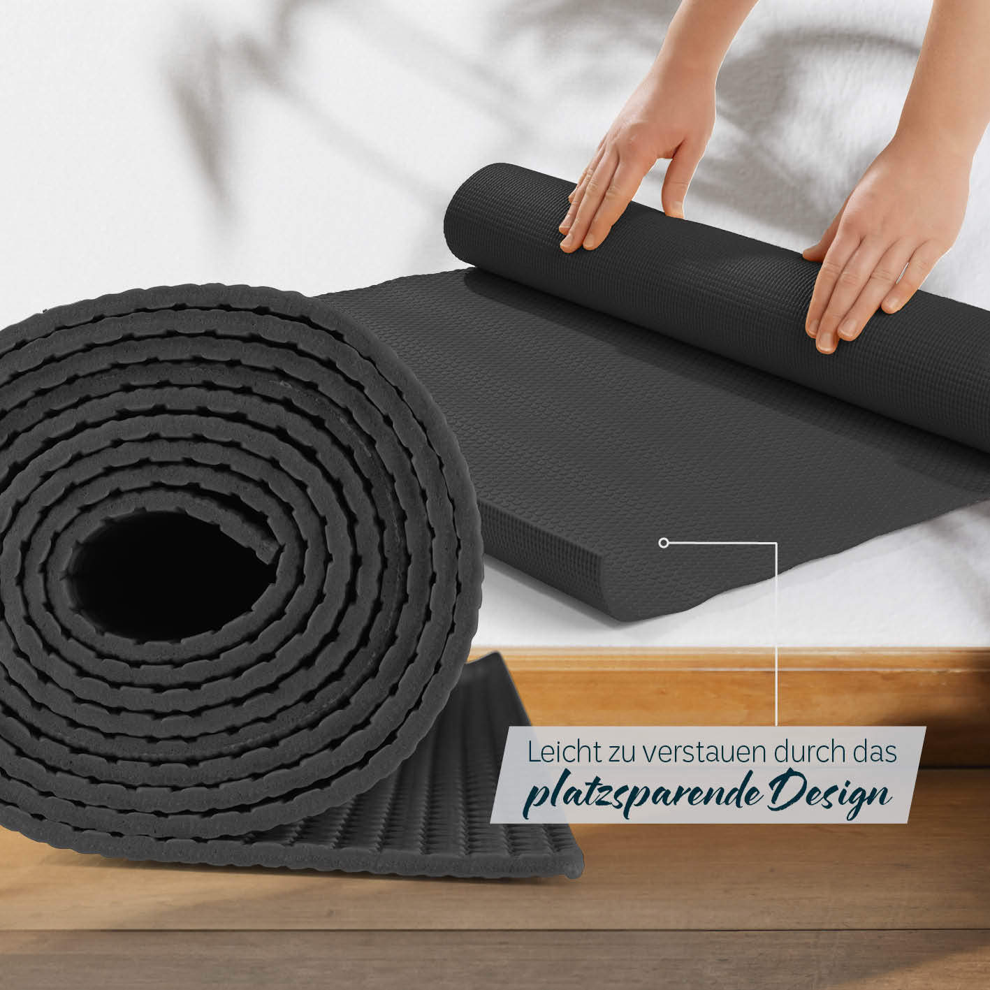 Yogamatte Kirana - 183 x 61 x 0,4 cm - Schwarz, platzsparend, weich, rutschfest und pflegeleicht für Pilates und Fitness.