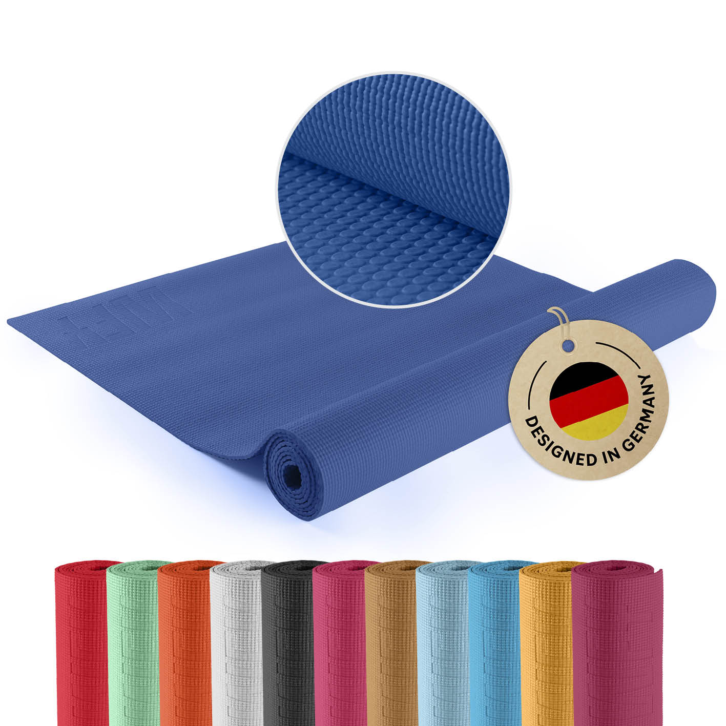 Yogamatte Kirana - 183 x 61 x 0,4 cm - Navyblau, weiche, rutschfeste ECO-PVC Trainingsunterlage für Pilates und Fitness.