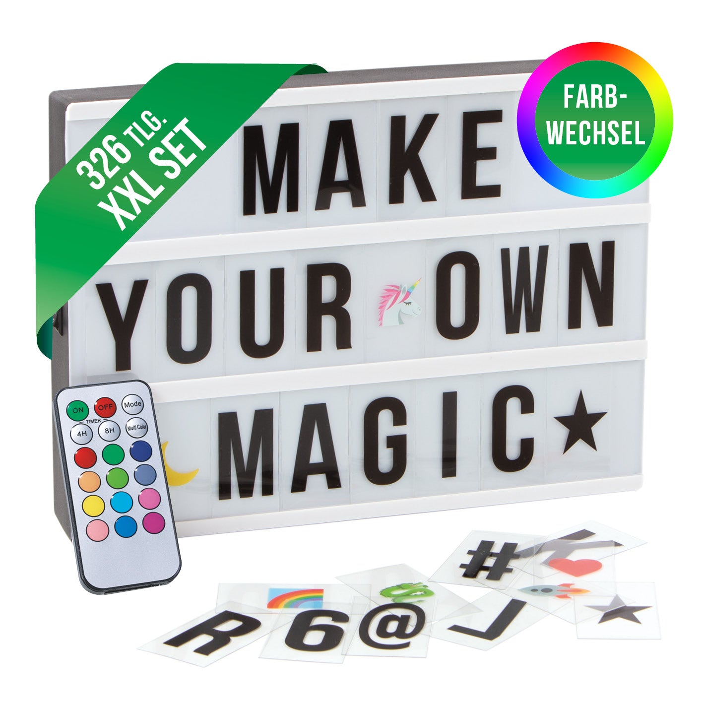 EASYmaxx LED-Leuchtkasten A4 mit 173 Buchstaben, Zahlen & Symbolen & 150  bunten Mood Pics