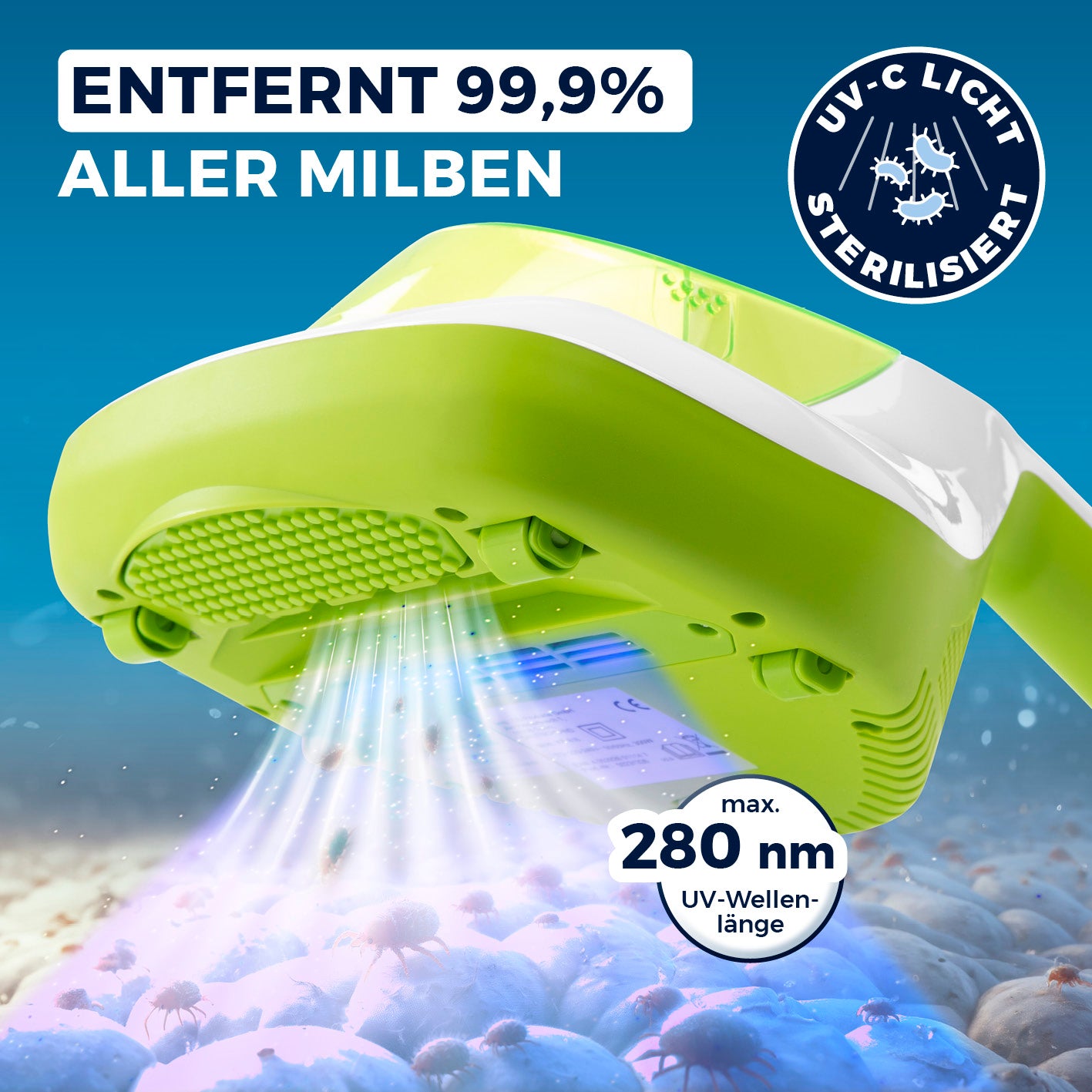 Milbensauger Vibration - EPA-11-Filter - weiß/limegreen reinigt mit UV-C-Licht und entfernt 99,9 % aller Milben effektiv.