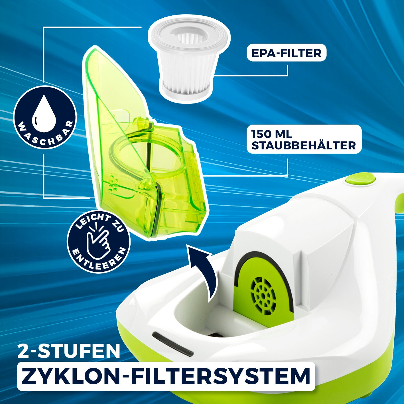 Milbensauger Vibration - EPA-11-Filter - weiß/limegreen mit 2-Stufen Zyklon-Filtersystem, waschbarem 150 ml Staubbehälter, leicht entleerbar.