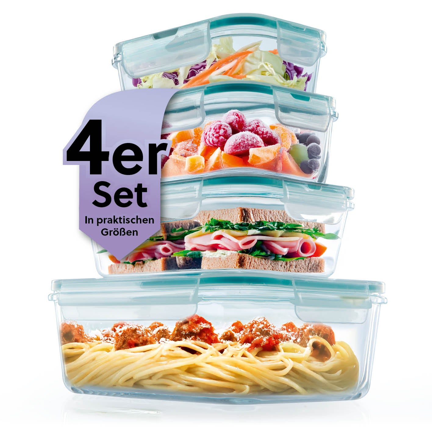Frischhaltedosen Klick-it, 8-tlg., Mint, 4 stapelbare Glasdosen mit mintfarbenem Klick-Verschluss, luftdicht und auslaufsicher.