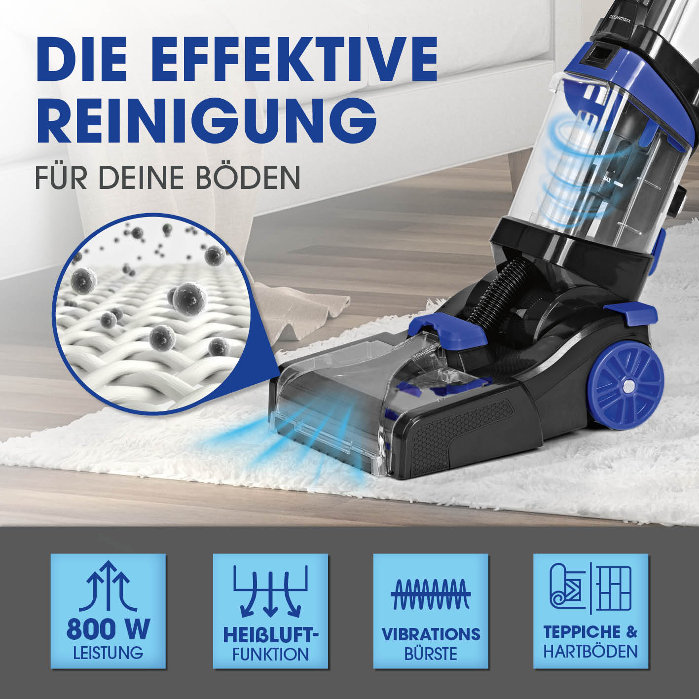 Teppichreiniger Pro+ entfernt tiefenwirksam Schmutz und Flecken mit 800 W, Heißluft und Vibrationsbürste auf Teppichen und Hartböden.