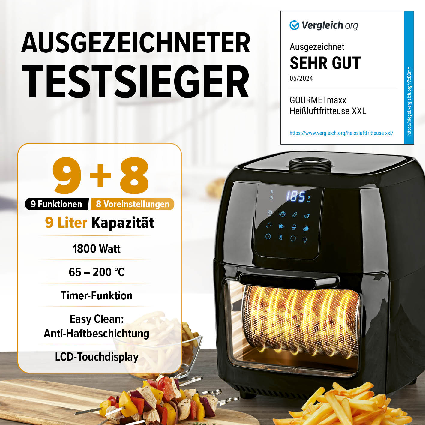 Digitale Heißluftfritteuse - 9 l Ofen mit 9 Funktionen, LCD-Touchdisplay, 1800W, 9 Liter Fassungsvermögen, Timer und Anti-Haftbeschichtung.
