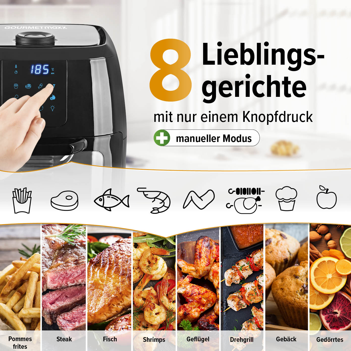 Digitale Heißluftfritteuse - 9 l Ofen mit 8 Programmen, Touchdisplay, Drehspieß und fettarmem Garen für vielseitige Lieblingsgerichte.