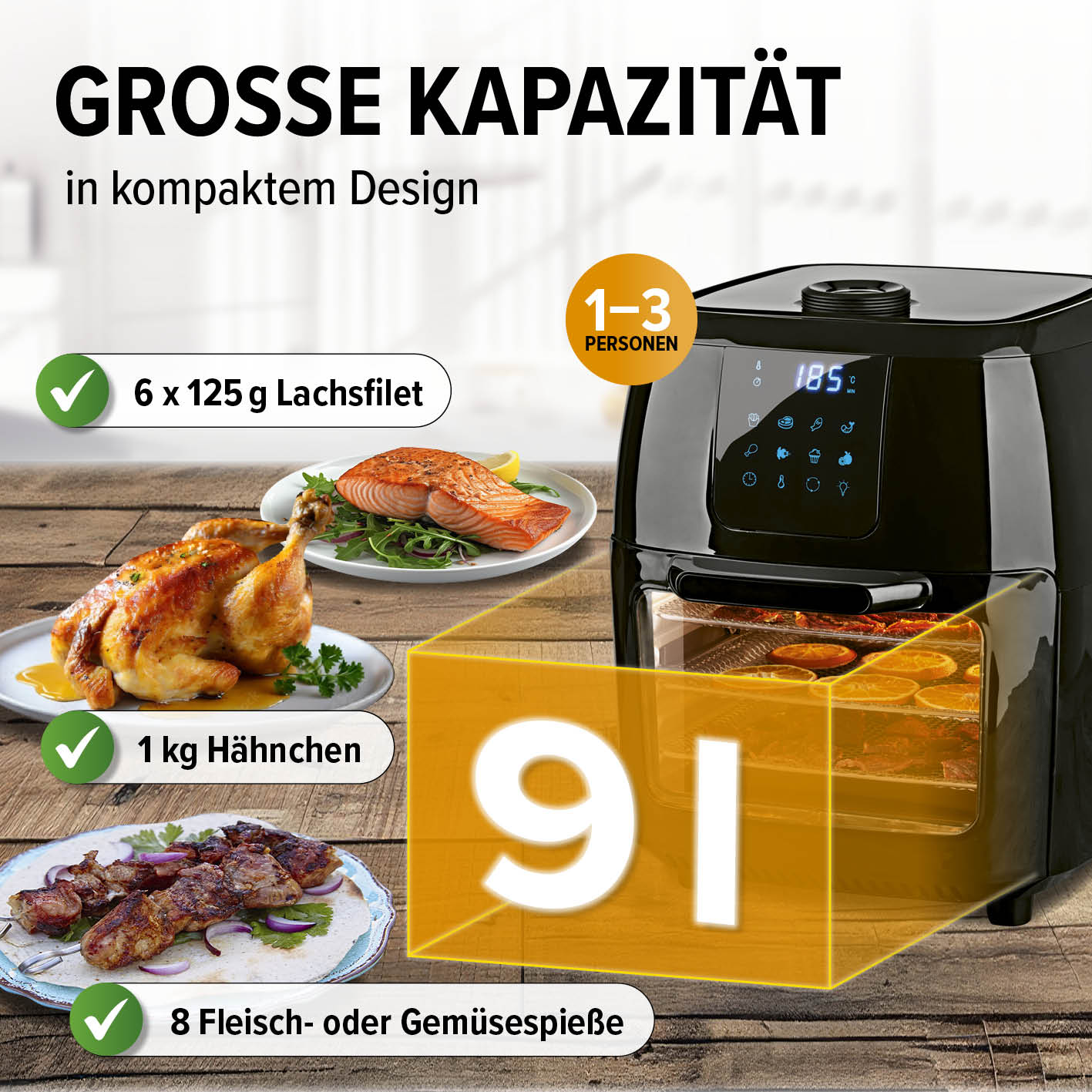 Digitale Heißluftfritteuse - 9 l Ofen mit 9 l Fassungsvermögen, ideal für 1-3 Personen, multifunktional und energiesparend.