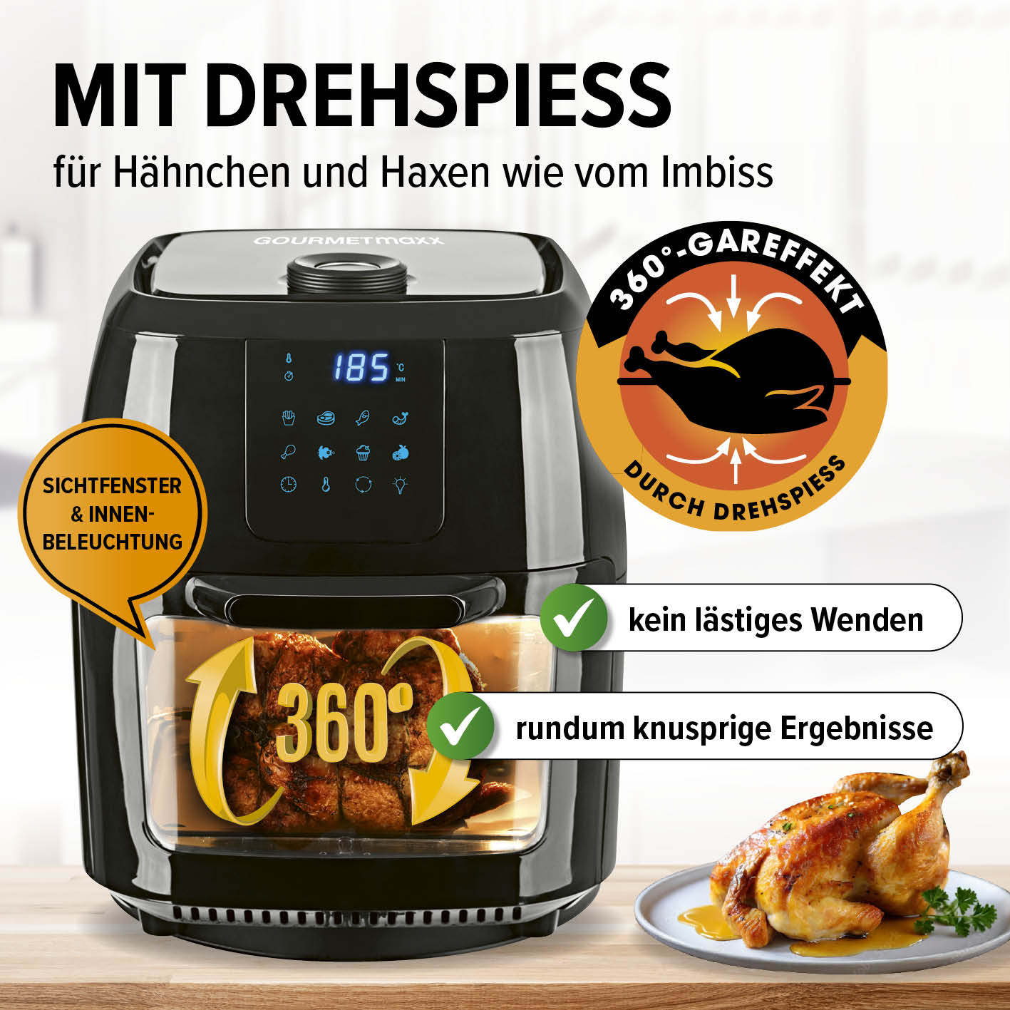 Digitale Heißluftfritteuse - 9 l Ofen mit Drehspieß, 360° Rapid Air, Sichtfenster und knusprigen Ergebnissen ohne Wenden.