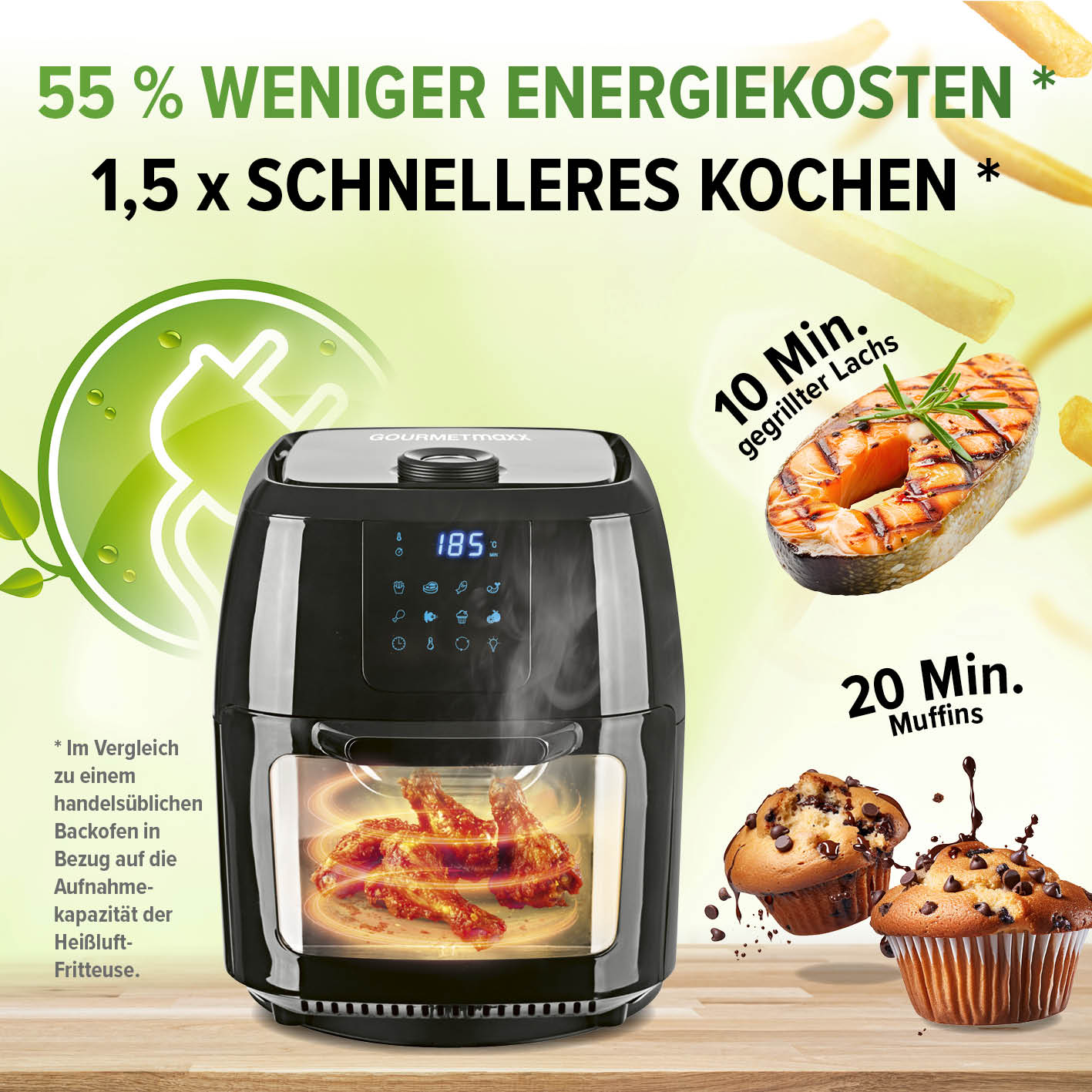 Digitale Heißluftfritteuse - 9 l Ofen mit 1800 W, Rapid Air, multifunktional, schnelleres Kochen und energiesparend bis 200° Celsius.