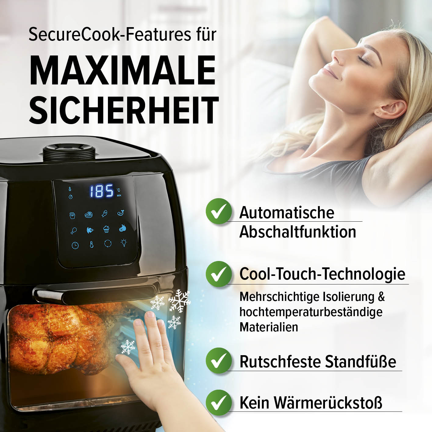 Digitale Heißluftfritteuse - 9 l Ofen mit automatischer Abschaltfunktion, Cool-Touch-Technologie und rutschfesten Standfüßen für maximale Sicherheit.