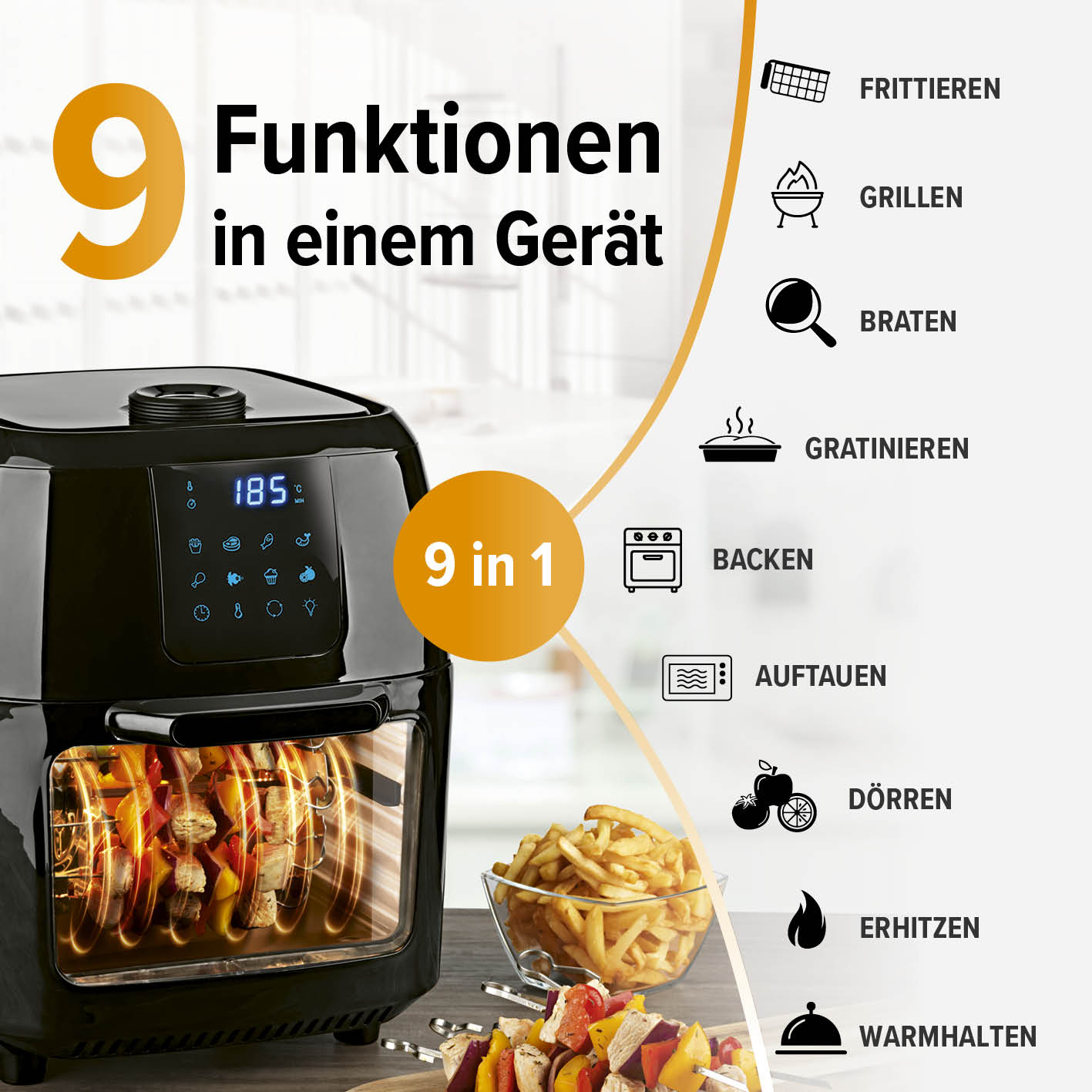 Digitale Heißluftfritteuse - 9 l Ofen mit 9 Funktionen wie Frittieren, Grillen, Braten, Backen und mehr in einem Gerät.