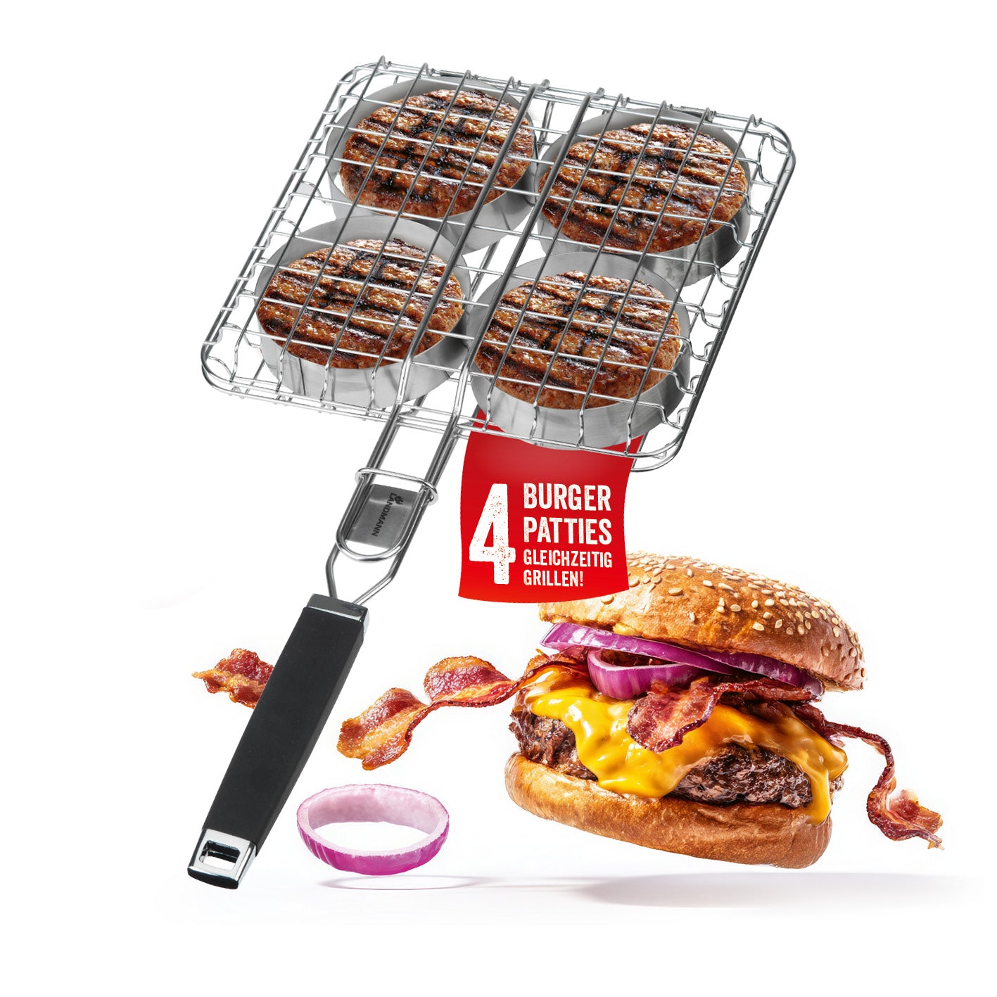 Pure Grillbräter mit 4 Metallringen, extra breit für American Burger Patties, gummierter Griff für sichere Handhabung.