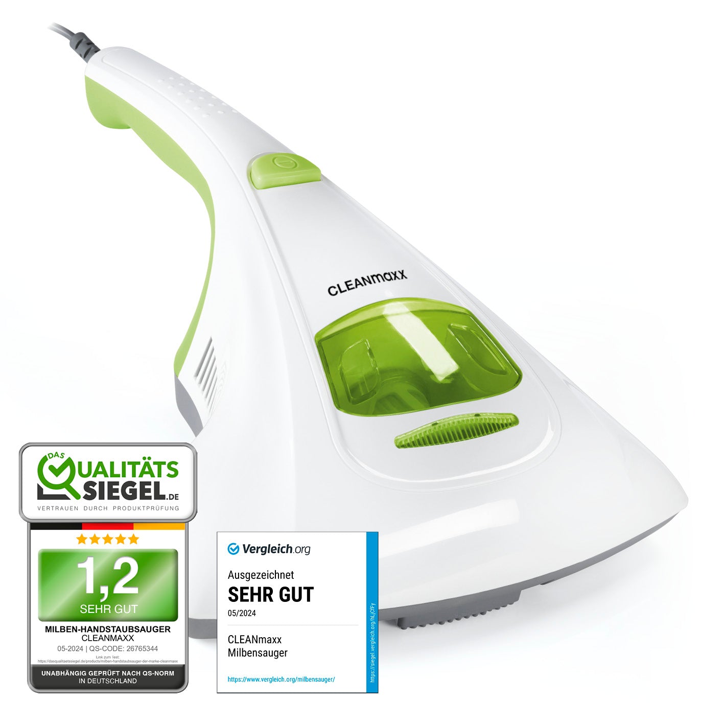Milbensauger Vibration - Weiß/Limegreen mit UV-C-Licht und 10 kPa Saugkraft entfernt Milben und Allergene sicher und effektiv.