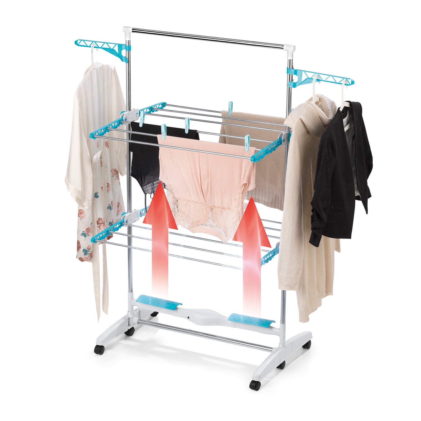 Elektro-Wäscheständer 900 mit klappbarem Design, Luftstrom-Technologie und Platz für 15 Bügel für schnelles und schonendes Trocknen.