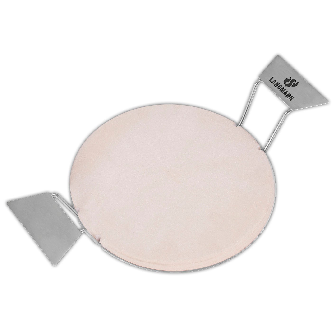 Pizzastein aus schnellem Cordierit mit Edelstahlgriffen für Gasgrill, Holzkohlegrill und Backofen, modular und leicht zu reinigen.