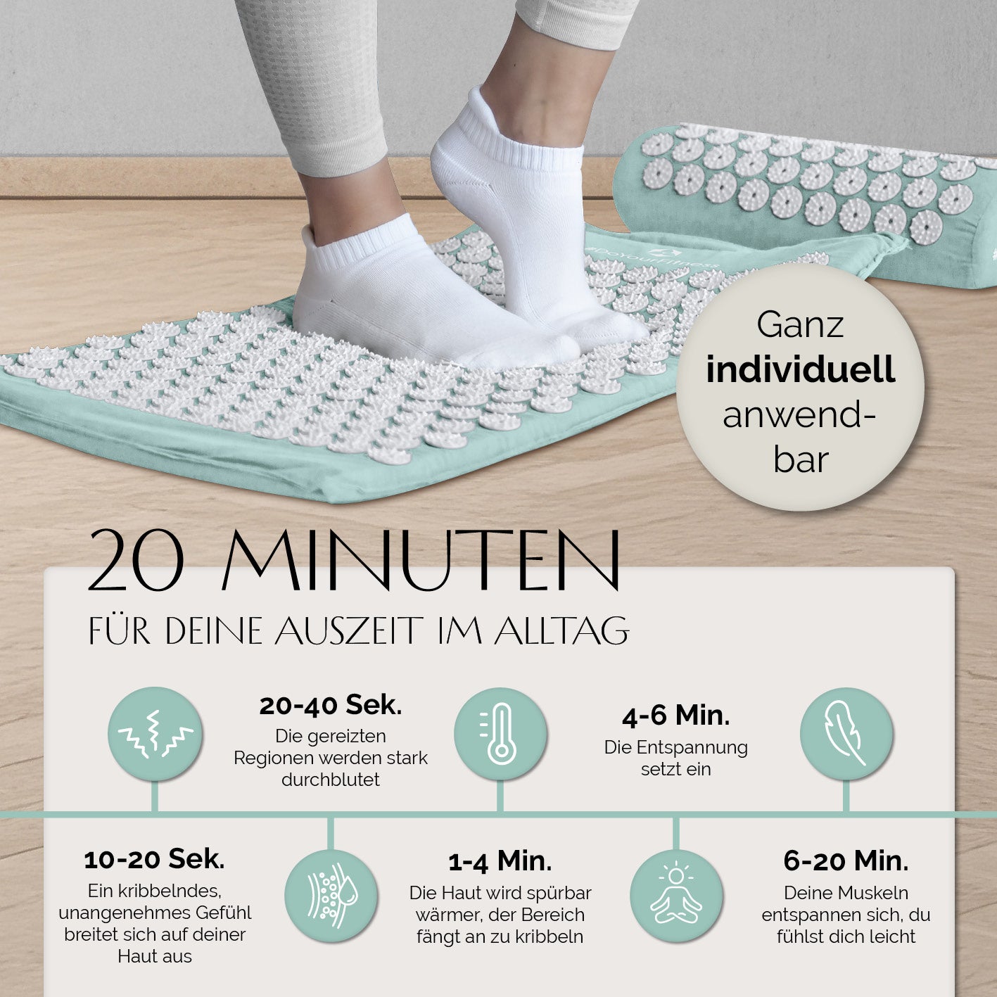 Akupressur-Set Jimuta - 20 x 20 x 42 cm - türkis mit Nadelmatte und Nackenkissen für individuelle Entspannung und Durchblutungsförderung.