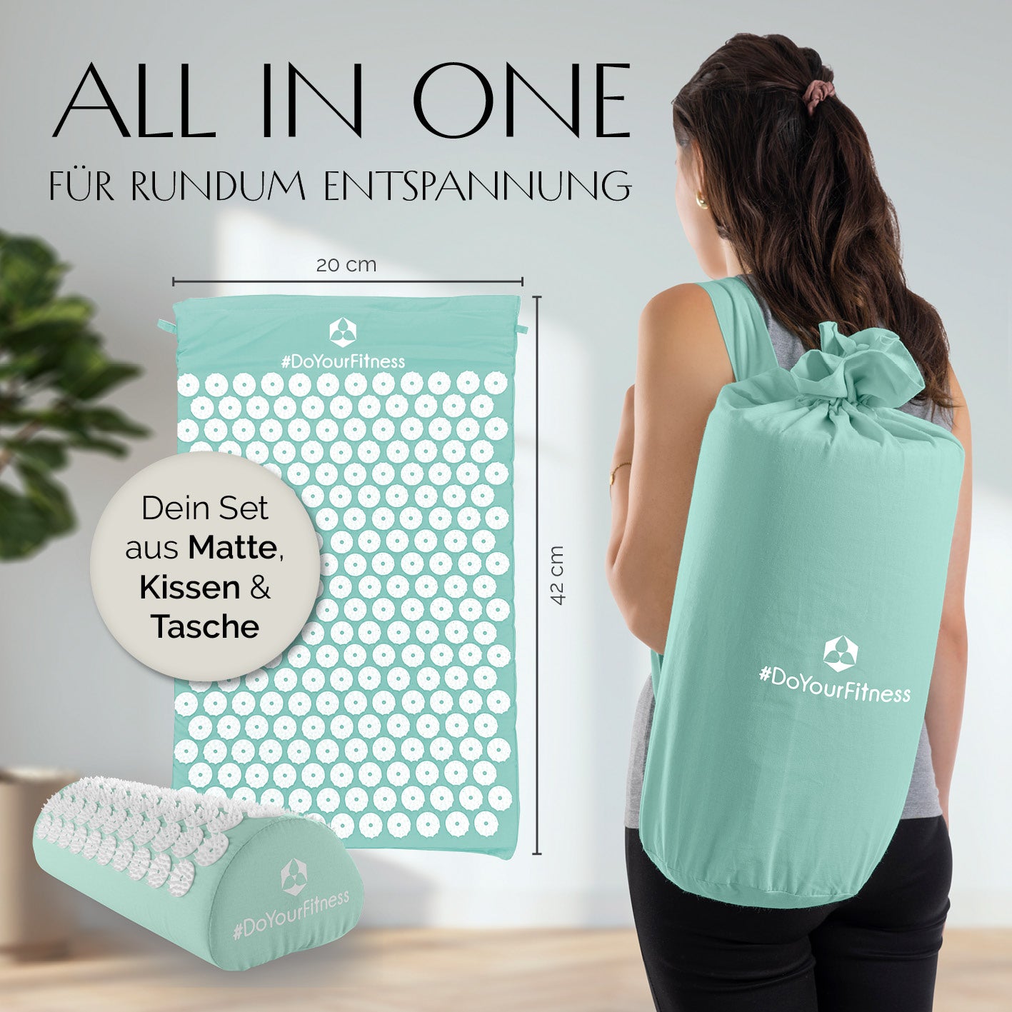 Akupressur-Set Jimuta 20x20x42 cm türkis mit Nadelmatte, Nackenkissen und Tasche von DoYourFitness für Entspannung und Durchblutung.