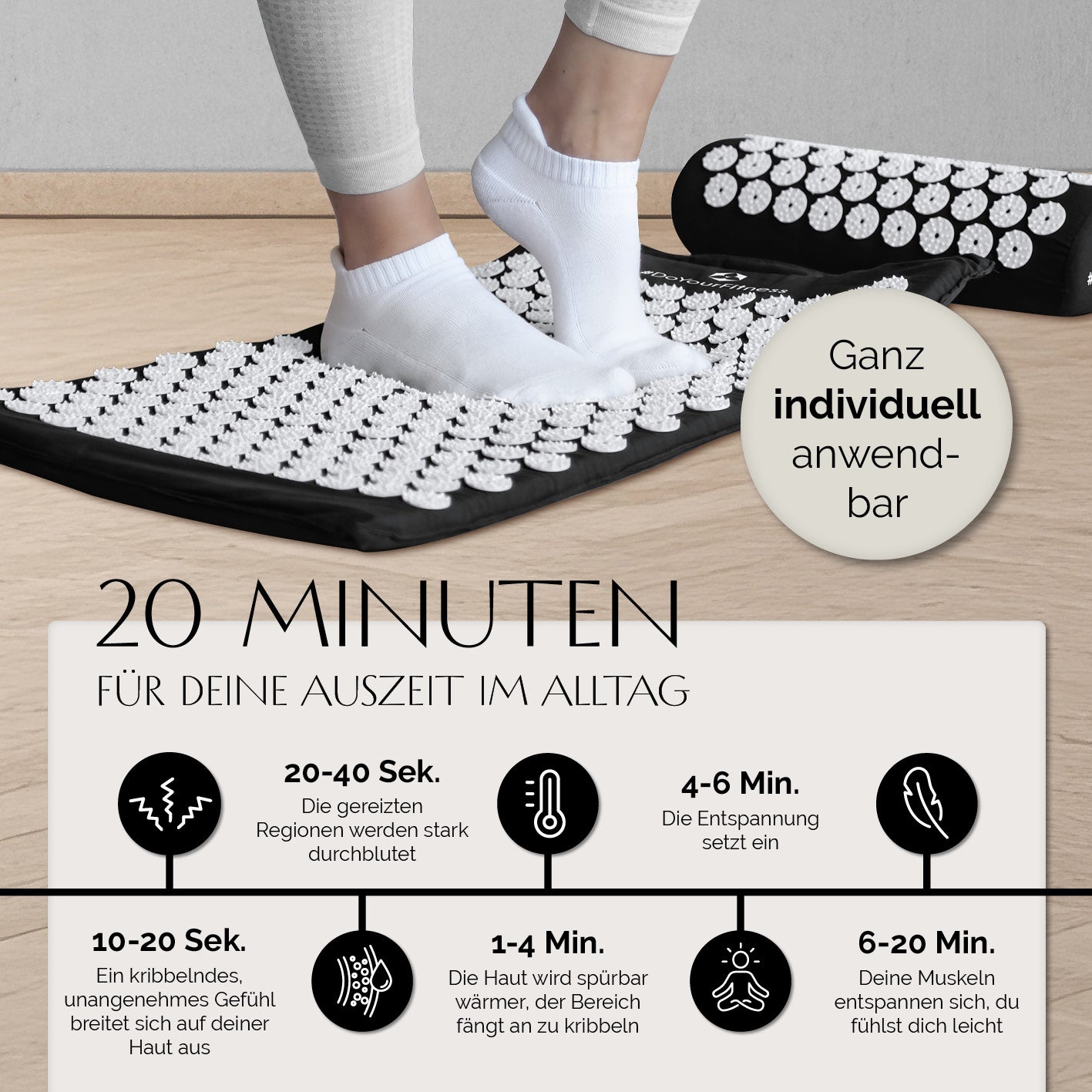 Akupressur-Set Jimuta 20x20x42 cm schwarz mit Matte und Nackenkissen zur Förderung der Durchblutung und Entspannung.
