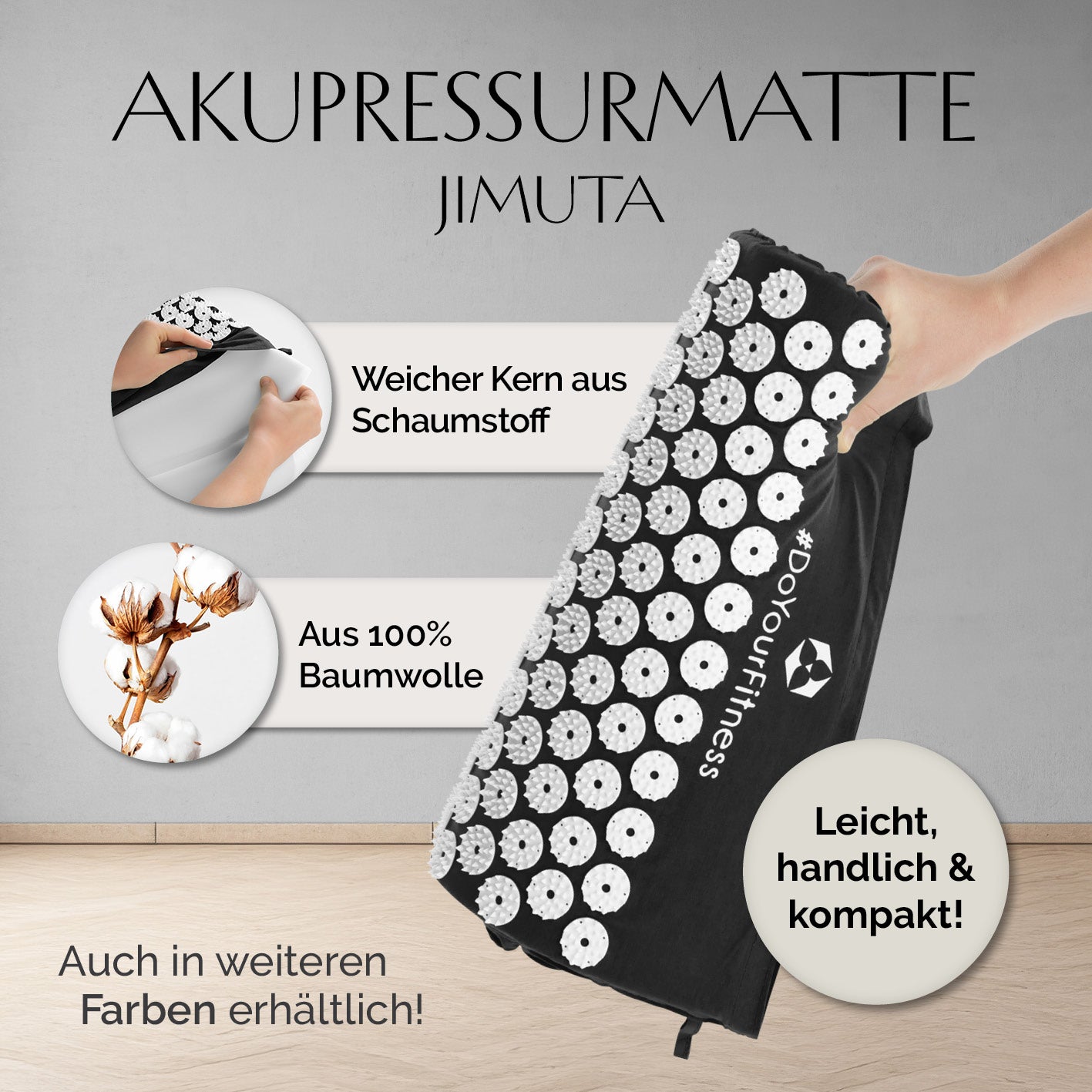Akupressur-Set Jimuta - 20 x 20 x 42 cm - schwarz mit weichem Schaumstoffkern, 100% Baumwolle, leicht, handlich und kompakt.