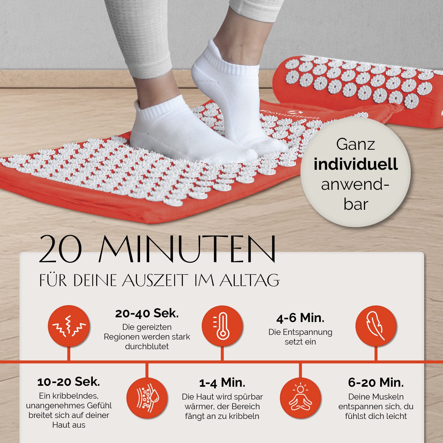 Akupressur-Set Jimuta 20 x 20 x 42 cm orange mit Matte und Nackenkissen für entspannende Akupressuranwendung zu Hause.