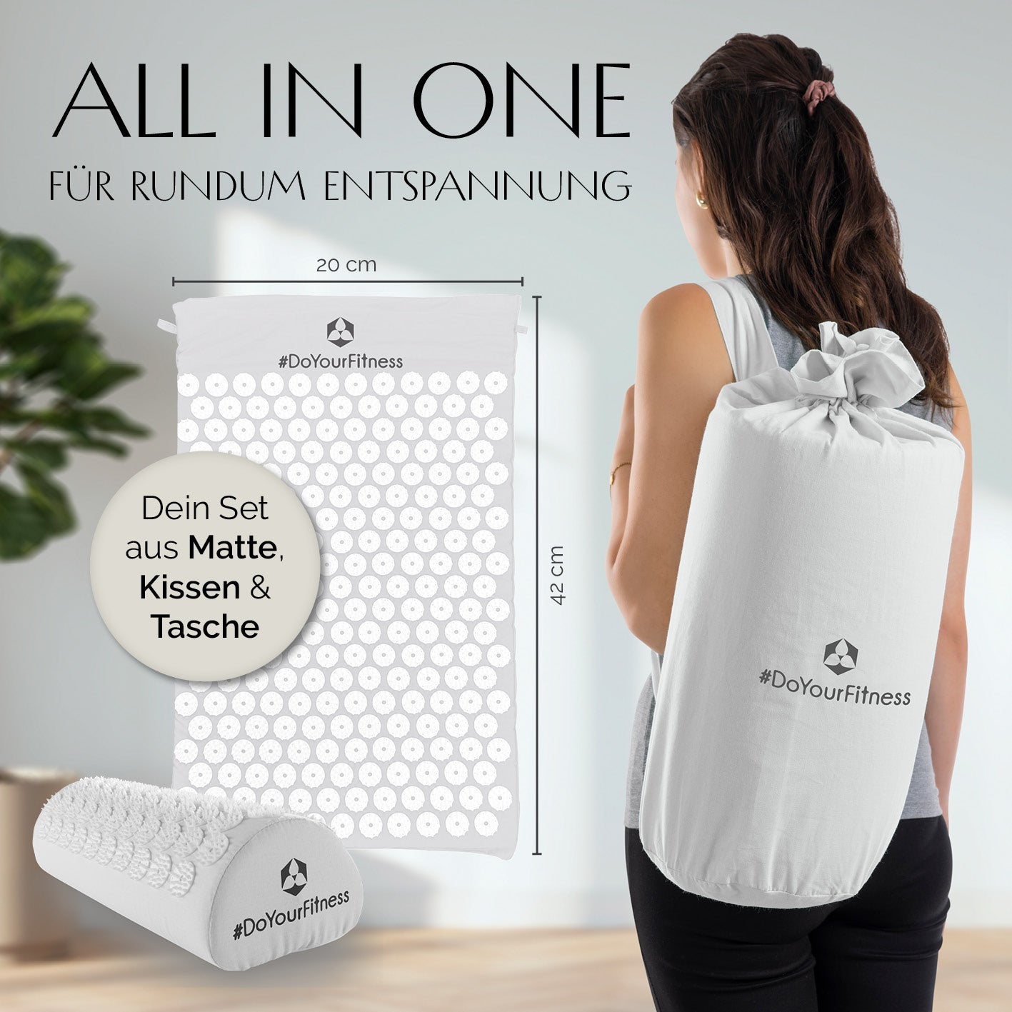 Akupressur-Set Jimuta 20x20x42 cm weiß mit Matte, Kissen und Tasche für ganzheitliche Entspannung #DoYourFitness