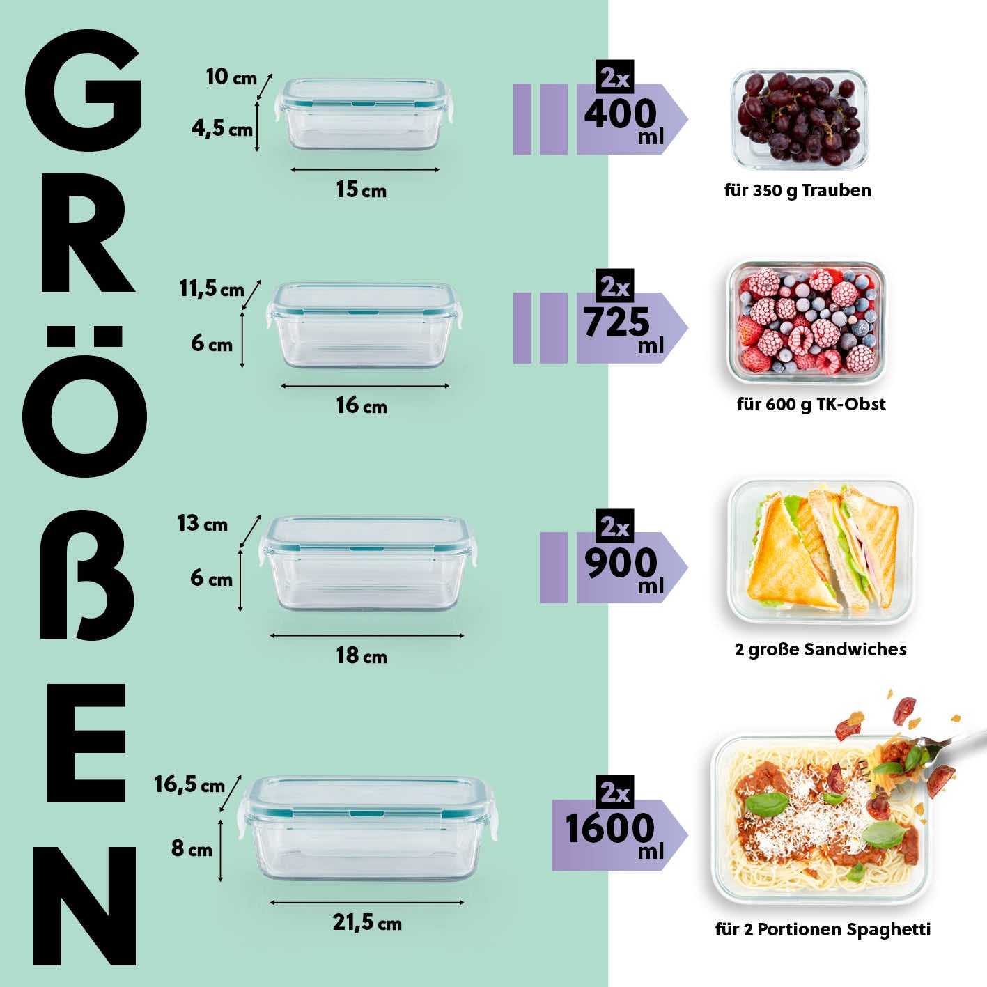 Frischhaltedosen Klick-it, 16-tlg., Mint – 8 Glasdosen in 4 Größen, luftdicht, stapelbar, ideal für Aufbewahrung und Meal Prep.