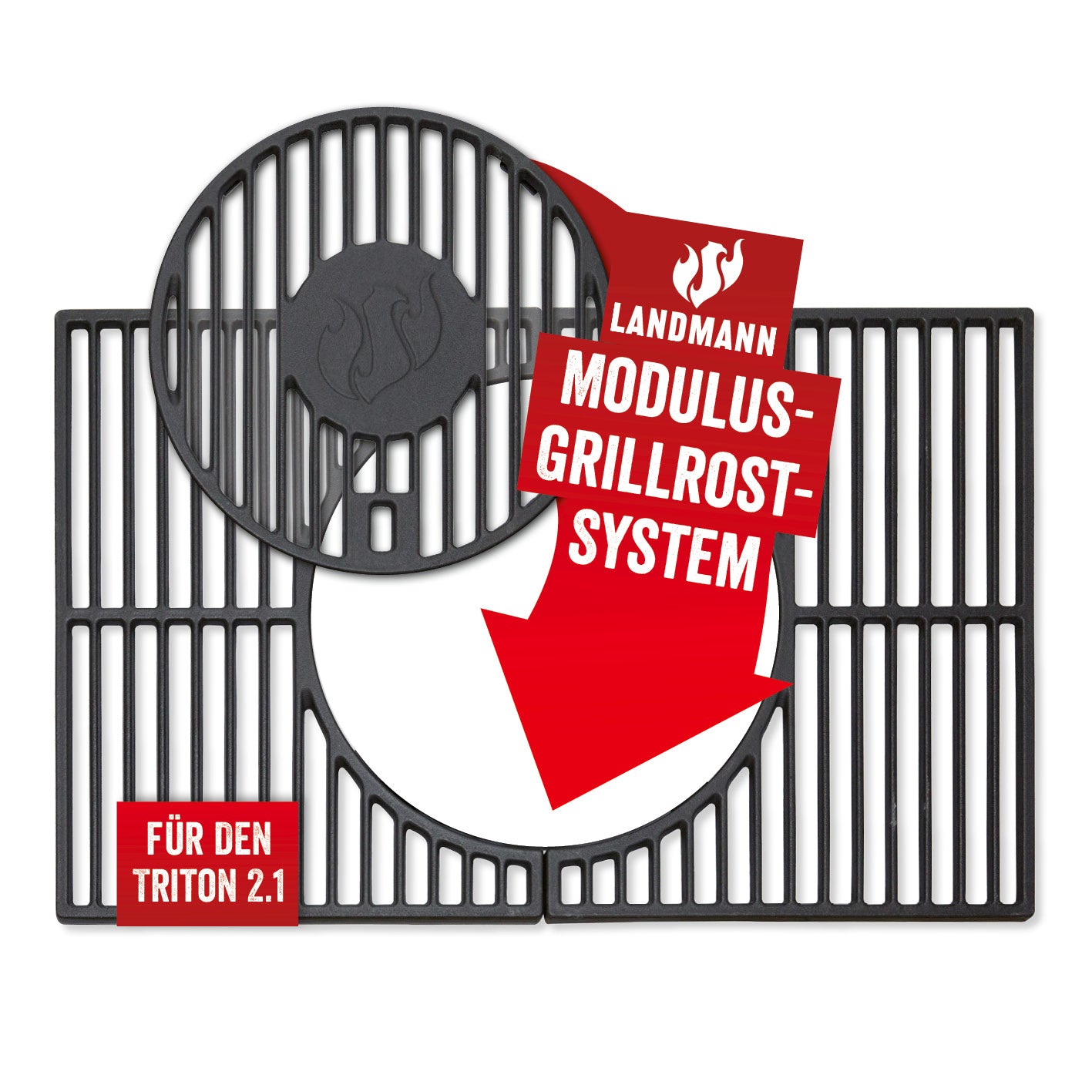 LANDMANN Modulus Grillrostsystem | Geeignet für Triton 2.1 | Mit modularem Basiseinsatz 30,5 cm für Grillplatte, WOK, Pizzastein, Grillspieße | Schwarz & eckig | Maße 48 x 44 x 2 cm [Gusseisen