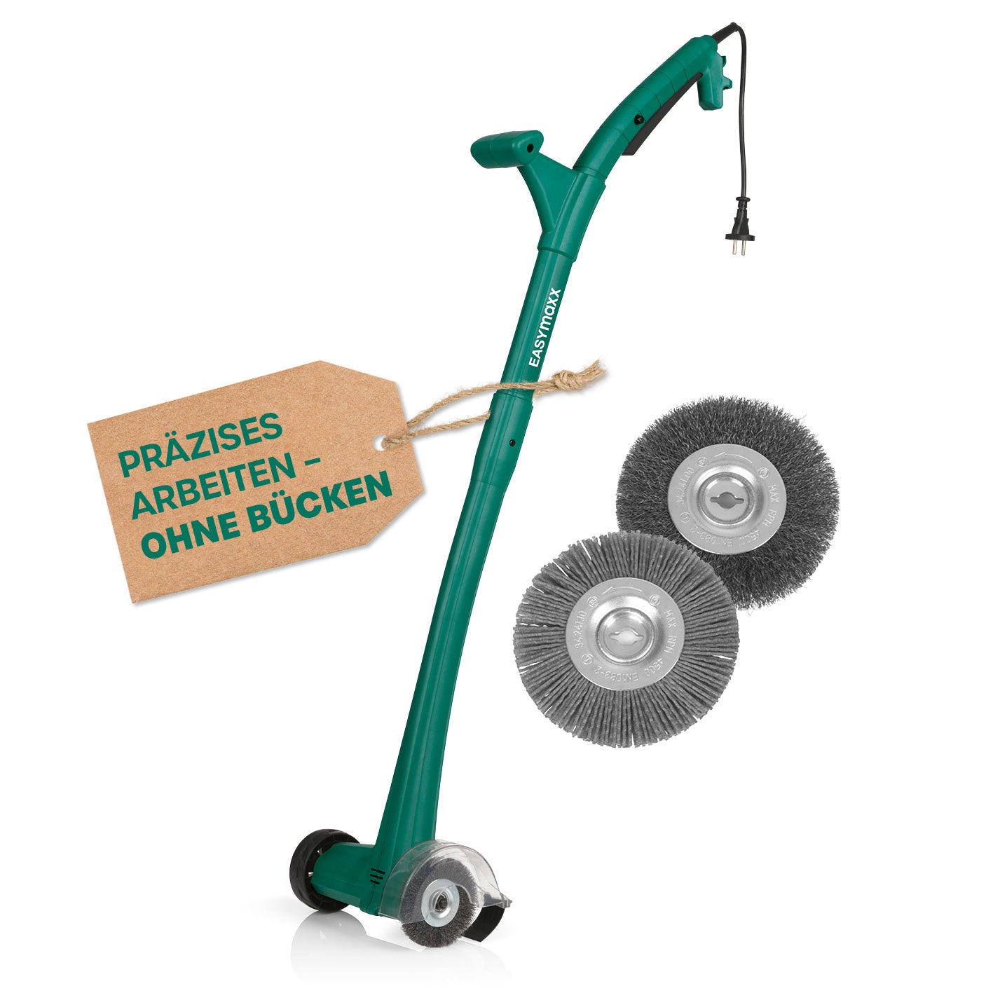 Fugenreiniger elektrisch 140 Watt - grün mit ergonomischem Griff, Führungsrad und 2 austauschbaren Bürsten für mühelose Fugenreinigung.