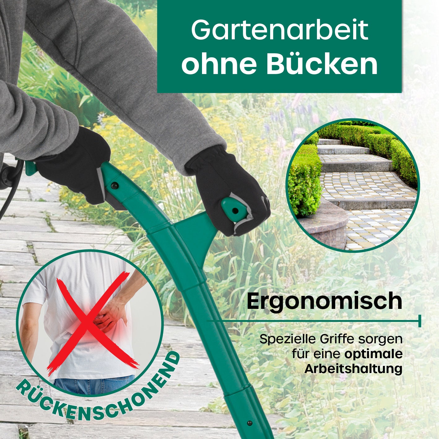 Fugenreiniger elektrisch 140 Watt grün mit ergonomischem Griff für rückenschonende Gartenarbeit ohne Bücken und einfache Fugenreinigung.