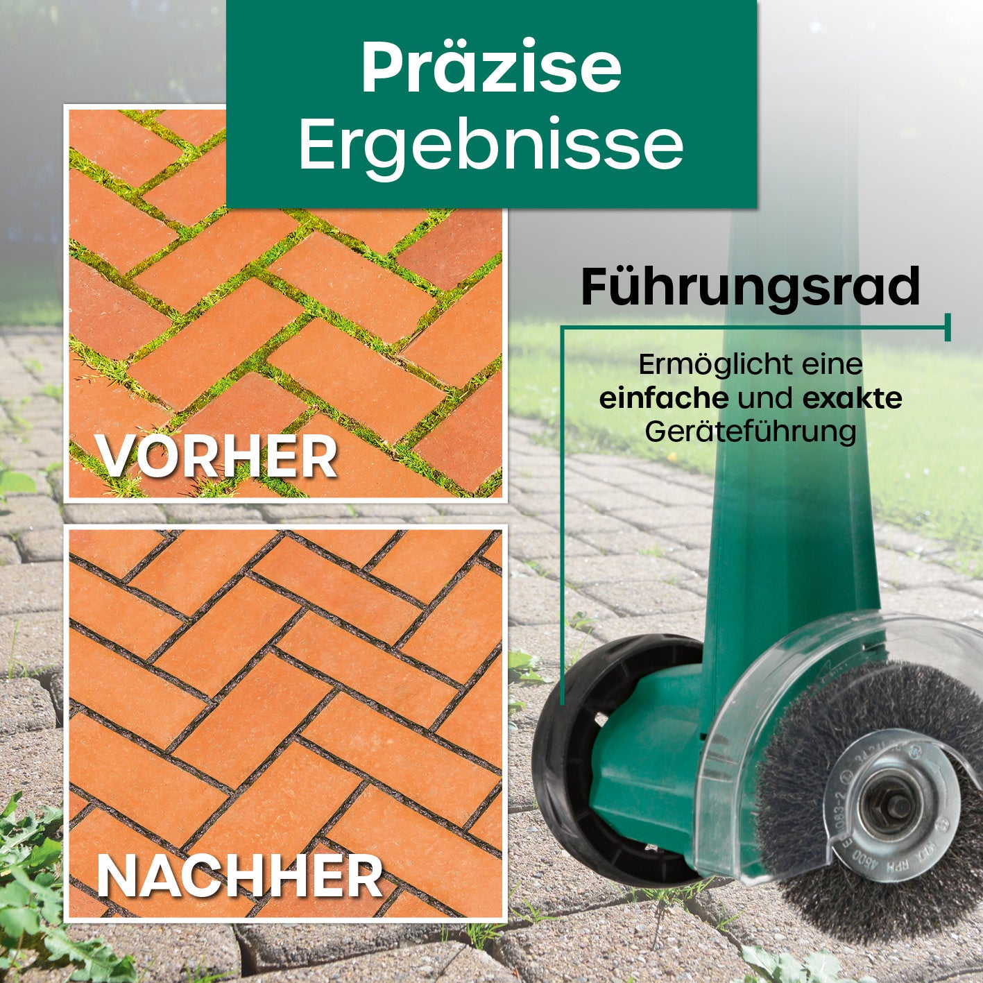 Fugenreiniger elektrisch 140 Watt - grün zeigt saubere Fugen mit Führungsrad und Nylon- sowie Stahlbürste für präzise Reinigung.