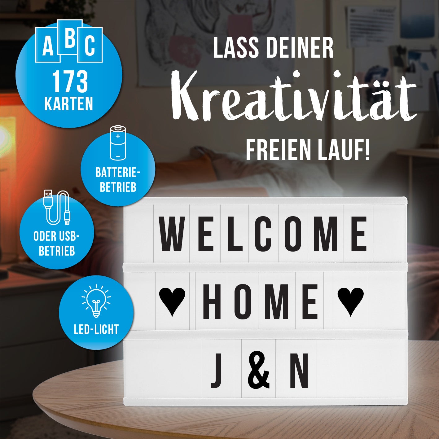 LED-Leuchtkasten mit 173 austauschbaren Buchstaben, LED-Licht, Batteriebetrieb oder USB, für individuelle Textbotschaften und Deko.