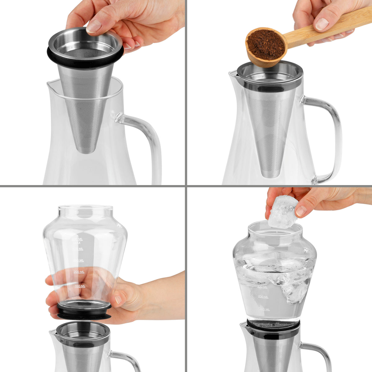 COLD DRIP Kaffeebereiter - 0,5 l bei der Zubereitung mit Filter, Kaffeepulver und Eiswürfeln