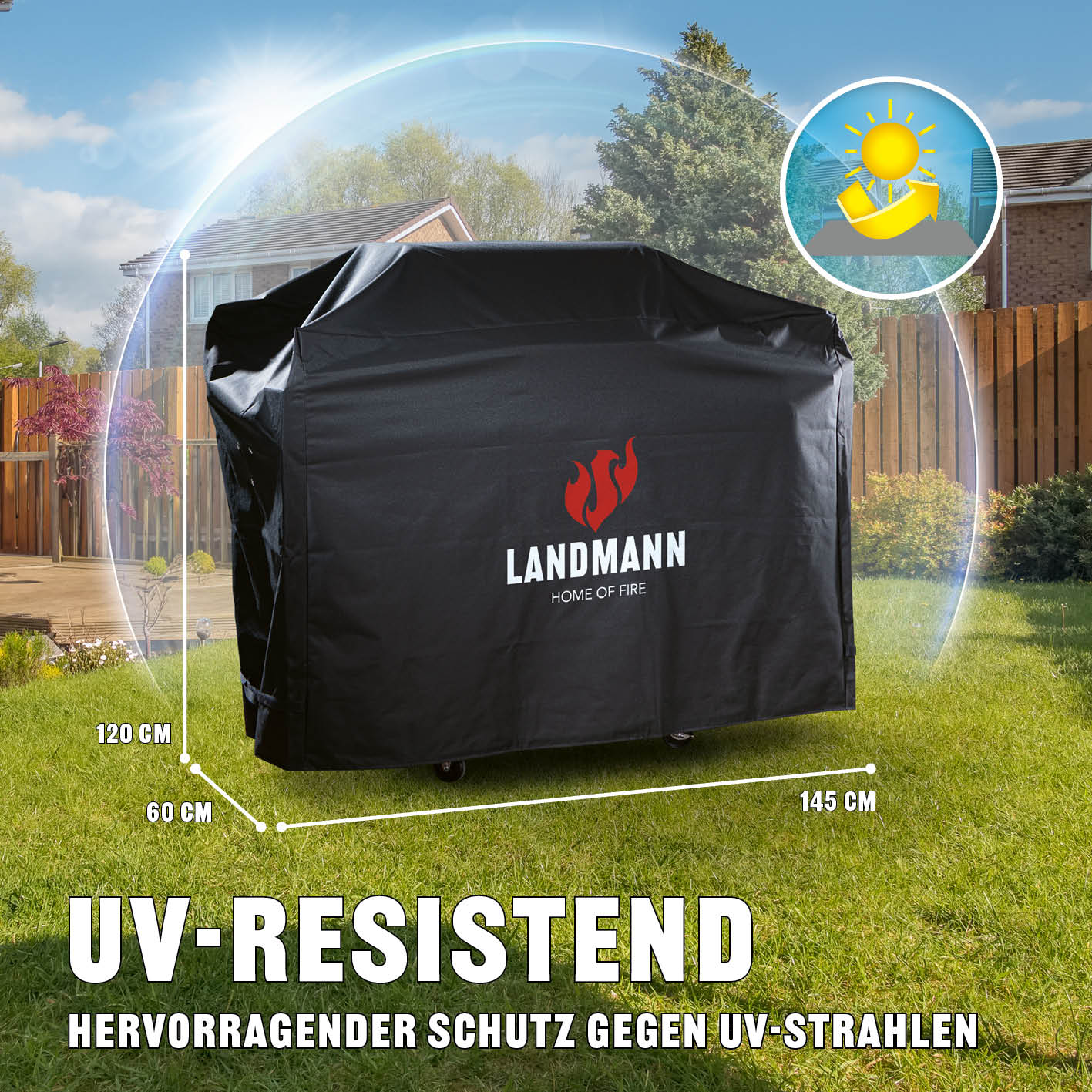 Wetterschutzhaube Premium - 62x148x120cm - schwarz, reißfest, UV-beständig, wasserdicht, atmungsaktiv mit Ventilöffnungen, kältebeständig bis -20°C.