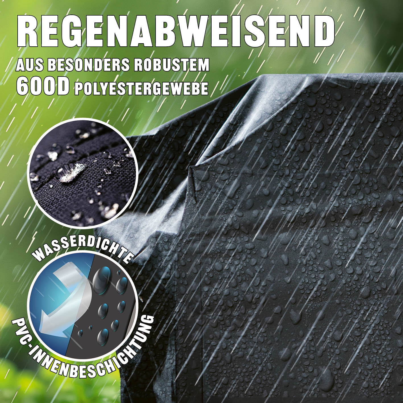 Wetterschutzhaube Premium - 62x148x120cm - schwarz, wasserabweisend, robustes 600D Polyestergewebe mit PVC-Innenbeschichtung, regenfest und widerstandsfähig.