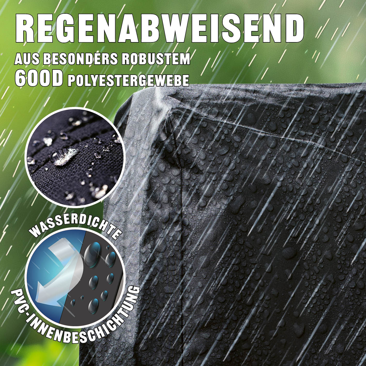 Wetterschutzhaube Premium - 60x80x120cm schwarz aus robustem 600D Polyester, wasserdicht mit PVC-Beschichtung, regenabweisend und UV-beständig.