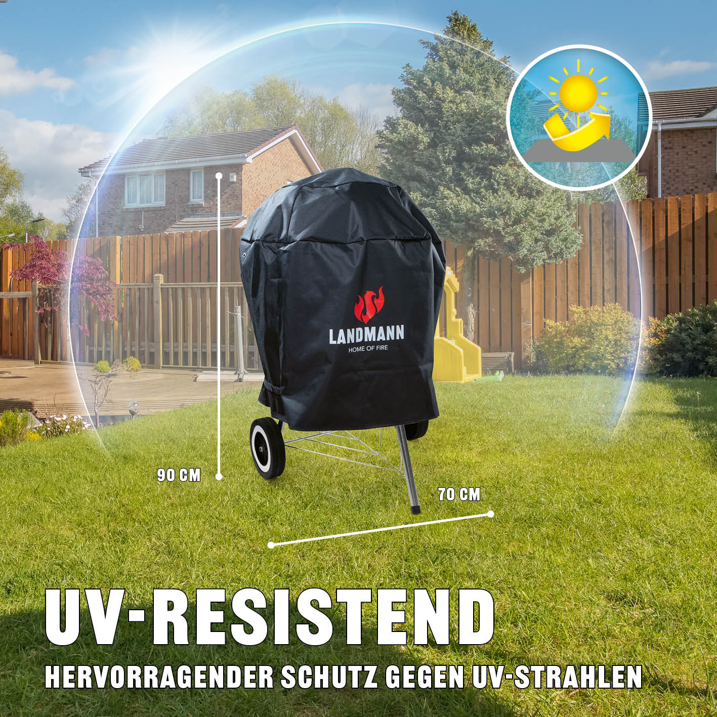 Wetterschutzhaube Premium - 90x70x70cm - schwarz aus robustem 600D Polyester, UV-beständig und wasserdicht für optimalen Grillschutz.