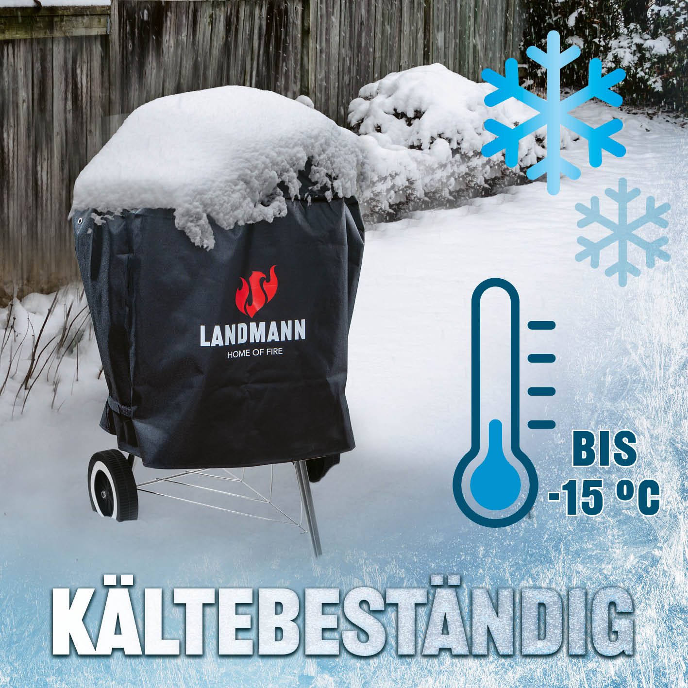 Wetterschutzhaube Premium - 90x70x70cm - schwarz, robuste, wasserdichte Grillabdeckung bis -15 °C mit Landmann Logo.