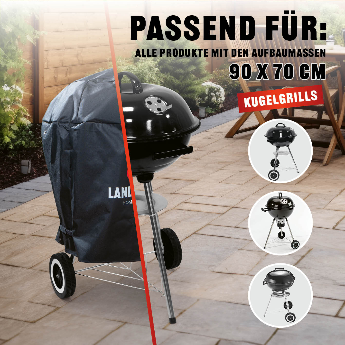 Wetterschutzhaube Premium - 90x70x70cm - schwarz, robuste Grillabdeckung aus reißfestem 600D Polyester, wasserdicht und UV-beständig.