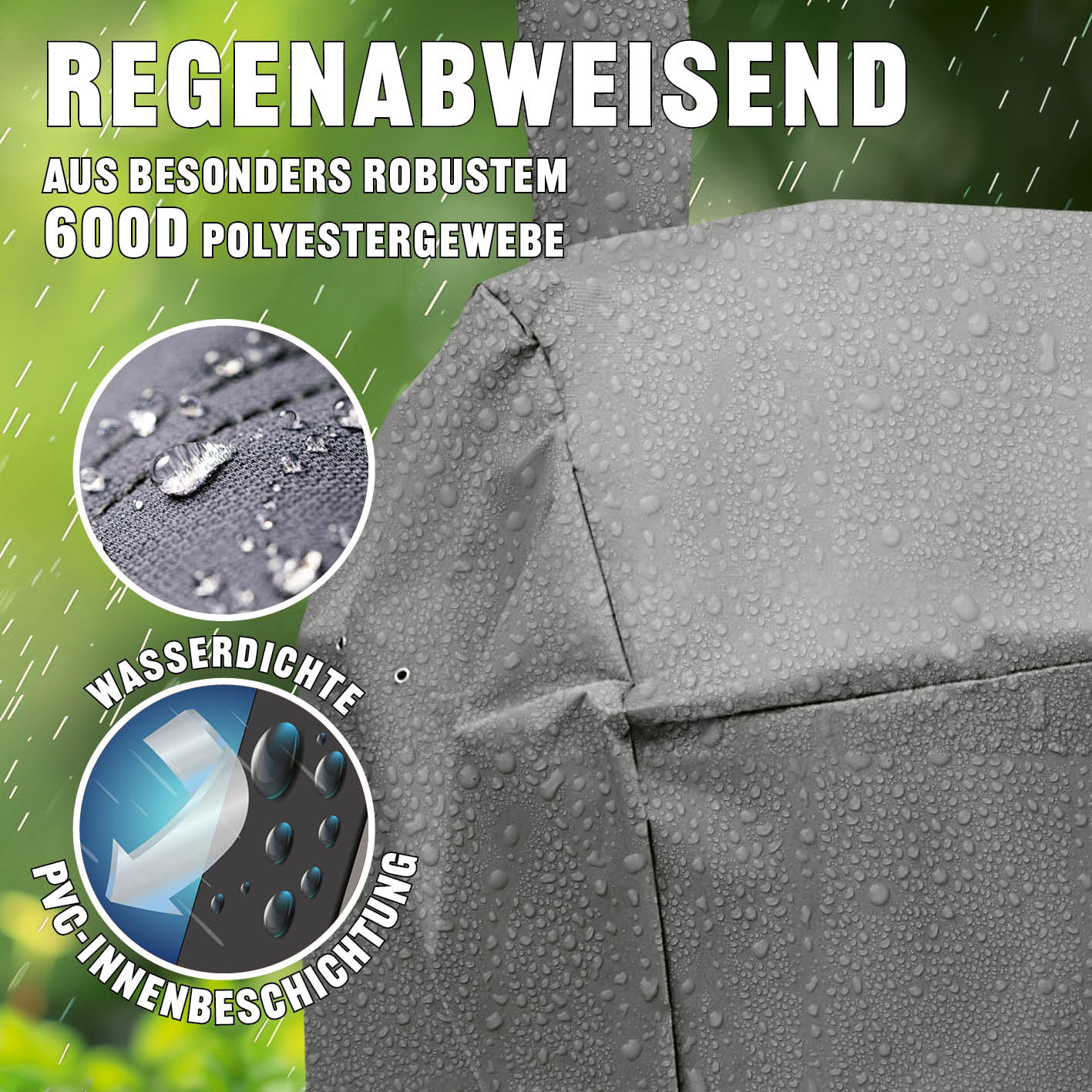 Premium Wetterschutzhaube - 130 x 126 x 85 cm aus robustem 600D Polyestergewebe mit wasserdichter PVC Innenbeschichtung und Regenabweisung.