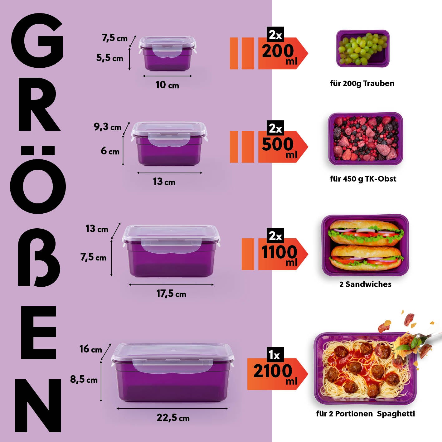 Frischhaltedosen Klick-it, 14-tlg., Lila mit 4 Größen, luftdicht, stapelbar, ideal für Snacks, Mahlzeiten, Mikrowelle, Gefrierschrank und Spülmaschine.