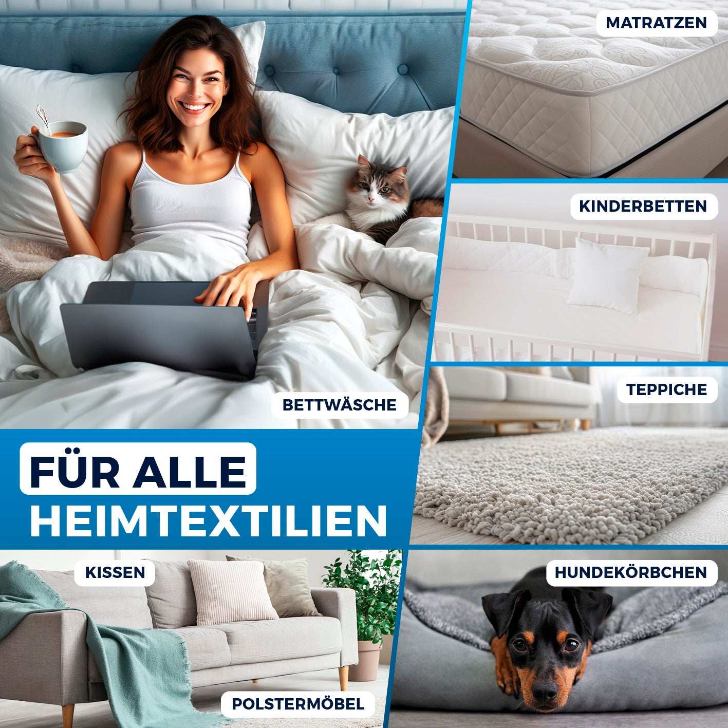 Milbensauger Vibration - blau/weiß entfernt Milben, Bakterien und Allergene effektiv von Bettwäsche, Matratzen, Teppichen und mehr.
