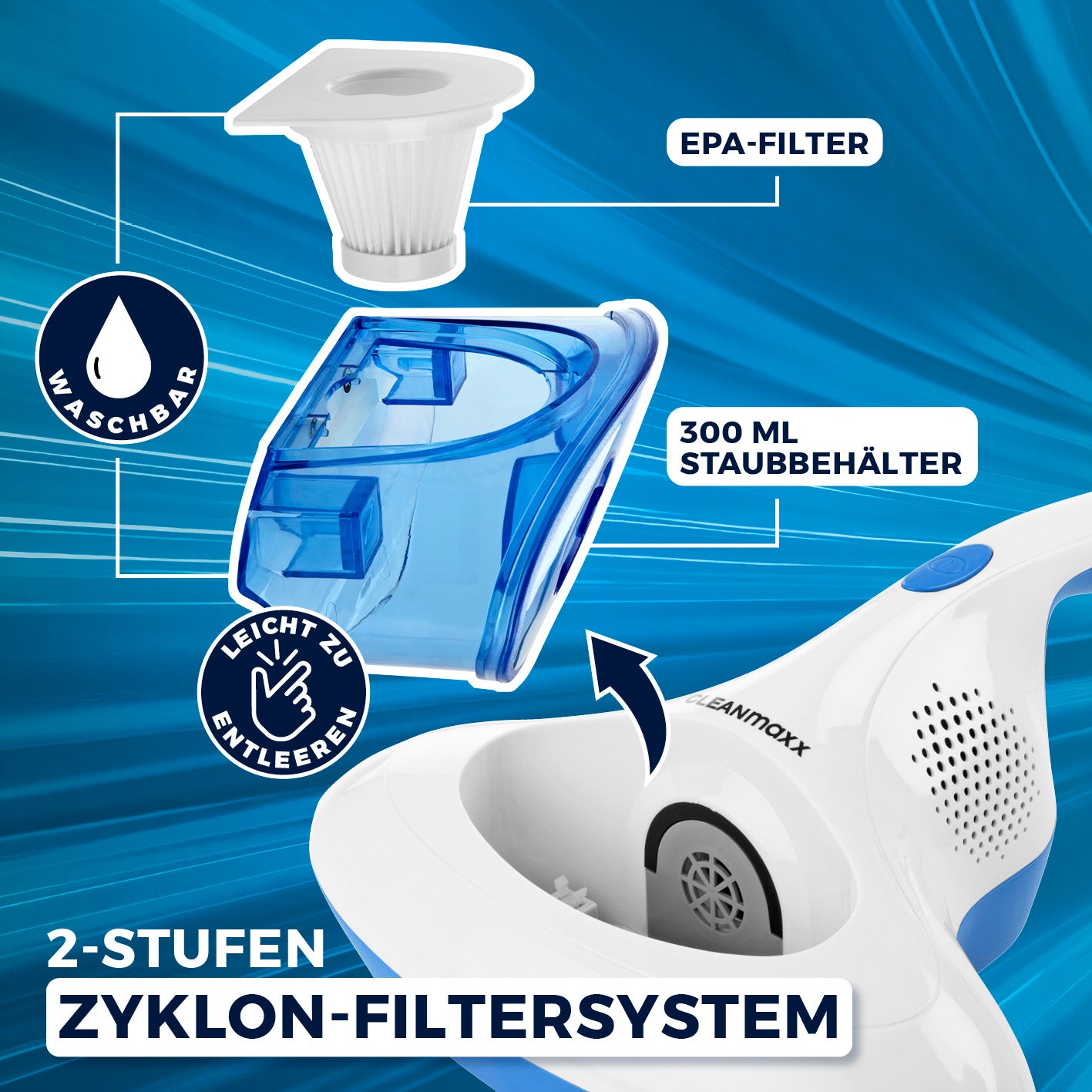 Milbensauger Vibration - blau/weiß mit waschbarem EPA-Filter und 300 ml Staubbehälter, 2-Stufen Zyklon-Filtersystem.