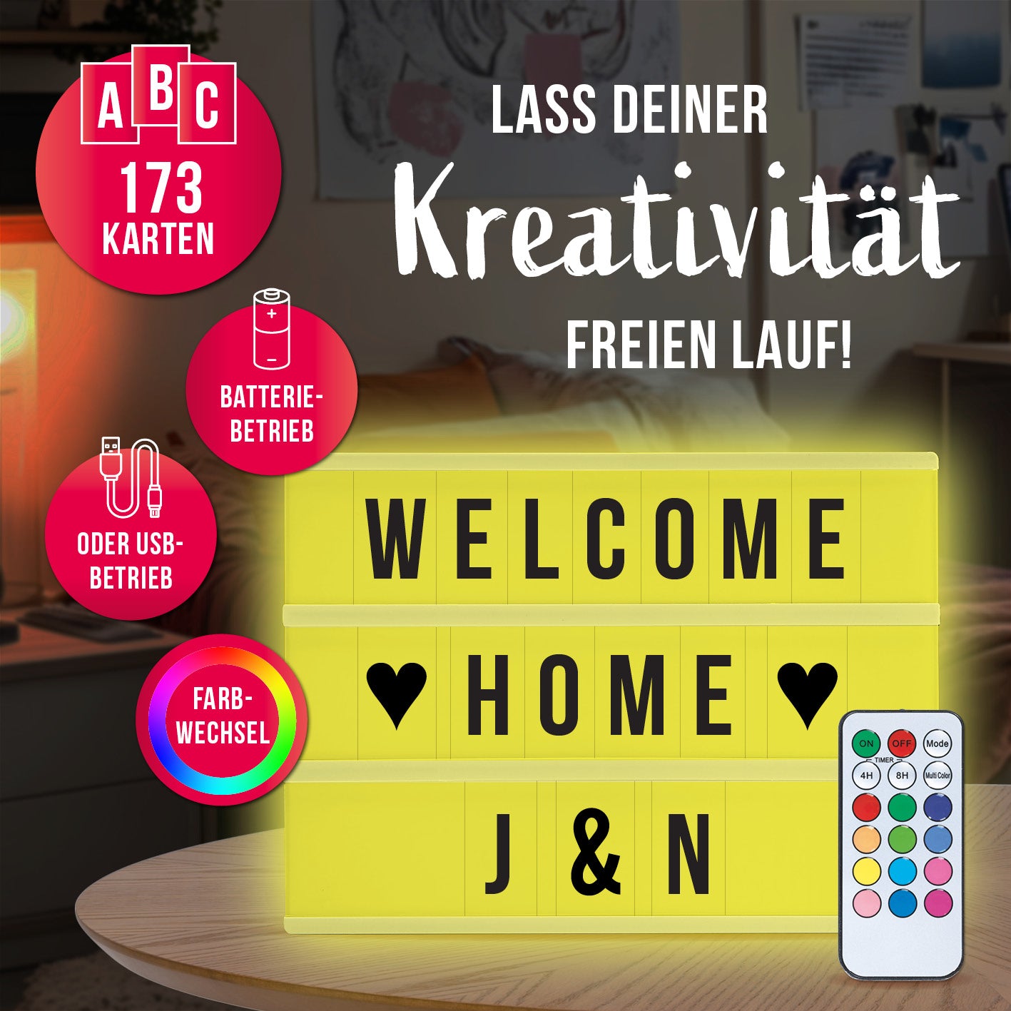 LED-Leuchtkasten - 173 Buchstaben & Symbole mit Timer, Farbwechsel, Batterie- und USB-Betrieb für individuelle Textbotschaften.