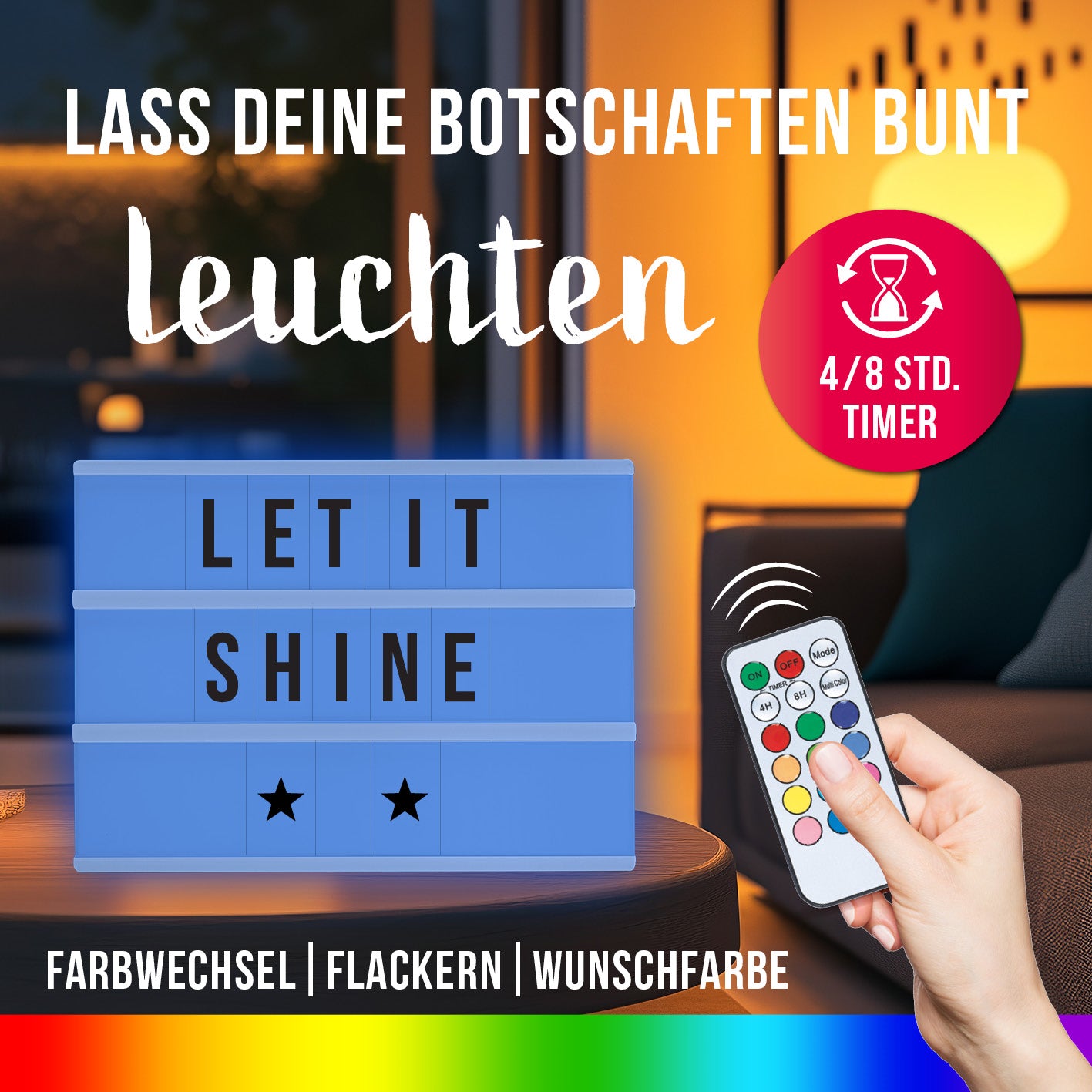 LED-Leuchtkasten - 173 Buchstaben & Symbole mit Timerfunktion und Farbwechsel für individuelle Textbotschaften und Partydekoration.